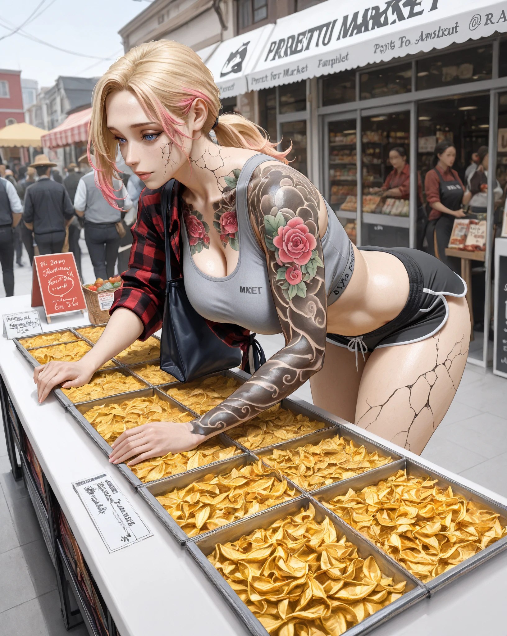 Semi-realistic, photographic, 1girl, dramatically angled, blonde hair with pink highlights, low ponytail, sapphire blue eyes, pretty eyes, curvy figure, wearing open flannel shirt, red and black flannel, tight grey sports bra under shirt, grey sports bra, microshorts, loose black dolphin shorts, ((single) tote bag), bag under arm, 1r3zum1, chest tattoo, gold filled cracks, kintsugi cracked skin, 3/4 turned, bending forward, examining ingredients, shopping, exterior, busy farmers market, American farmers market, M4rket vendor stalls, people selling, signs with prices, fruits for sale, vegetables for sale