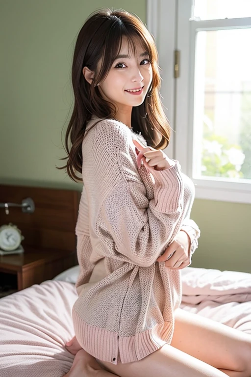 highest quality, masterpiece, ultra high resolution, (realistic:1.4), (close portrait) Raw photo, 1 girl, 22 years old,(((Sweatshirt))),((Rumbling in bed)),((Waking up)),masterpiece, realistic pictures, japanese pictures, fuji negative film, saturation, contrast, Pocari Sweat Advertisement ((small breasts)),((smiling showing teeth)),Ponytail and scrunchie,brown hair,