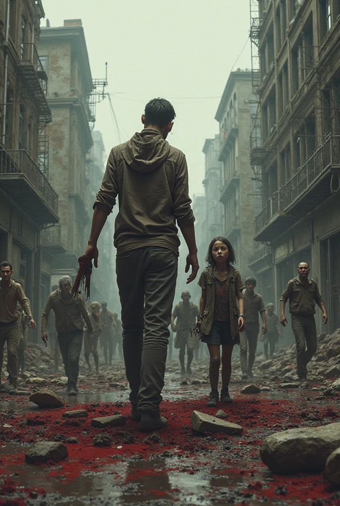a man holding a child running from the many zombies in destroyed bangkok city, destroyed building and bruning cars background with the zombies