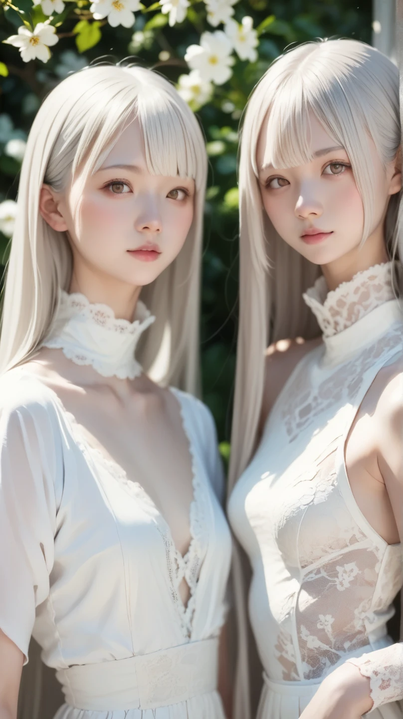 delicate girl,Shy expression,In the woods,Super big breasts,whole body,White long hair,Crisp white underwear