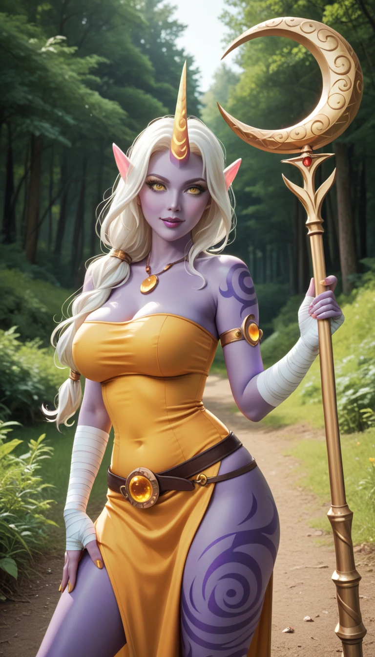 (masterpiece, ultra quality, high resolution, 8k, intricate: 1.2). female celestial elf, ((with only one large horn), (the horn is in the center of her forhead)), looking up, extreamely (beautiful face features,yellow eyes:1.4) ((holds in one hand a large magical staff that ends with a large crescent moon)), her staff is made of silver and copper with fine golden decorations, flowing white and fair yellow transparent cloths, healer mage, anatomic, (fair purple skin, triabal tattoo:1.4), beautiful golden crescent moon earringswith sapphires, the silent forested, mysterious, fantasy art, Donato Giancola, craig mullins, parth, masterful strokes legendary