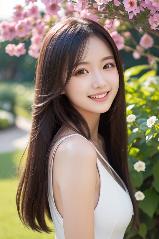 (1young girl), cute face, kawaii, Brown hair, instagram beautiful girl photos, great smiles, (Best Quality:1.3), (Ultra-detailed), (extremely detailed CG unified 8k wallpaper), Highly detailed, High-definition raw color photos, Professional Photography, cherry blossom, colorful pictures, colorful photos, depth of fields,