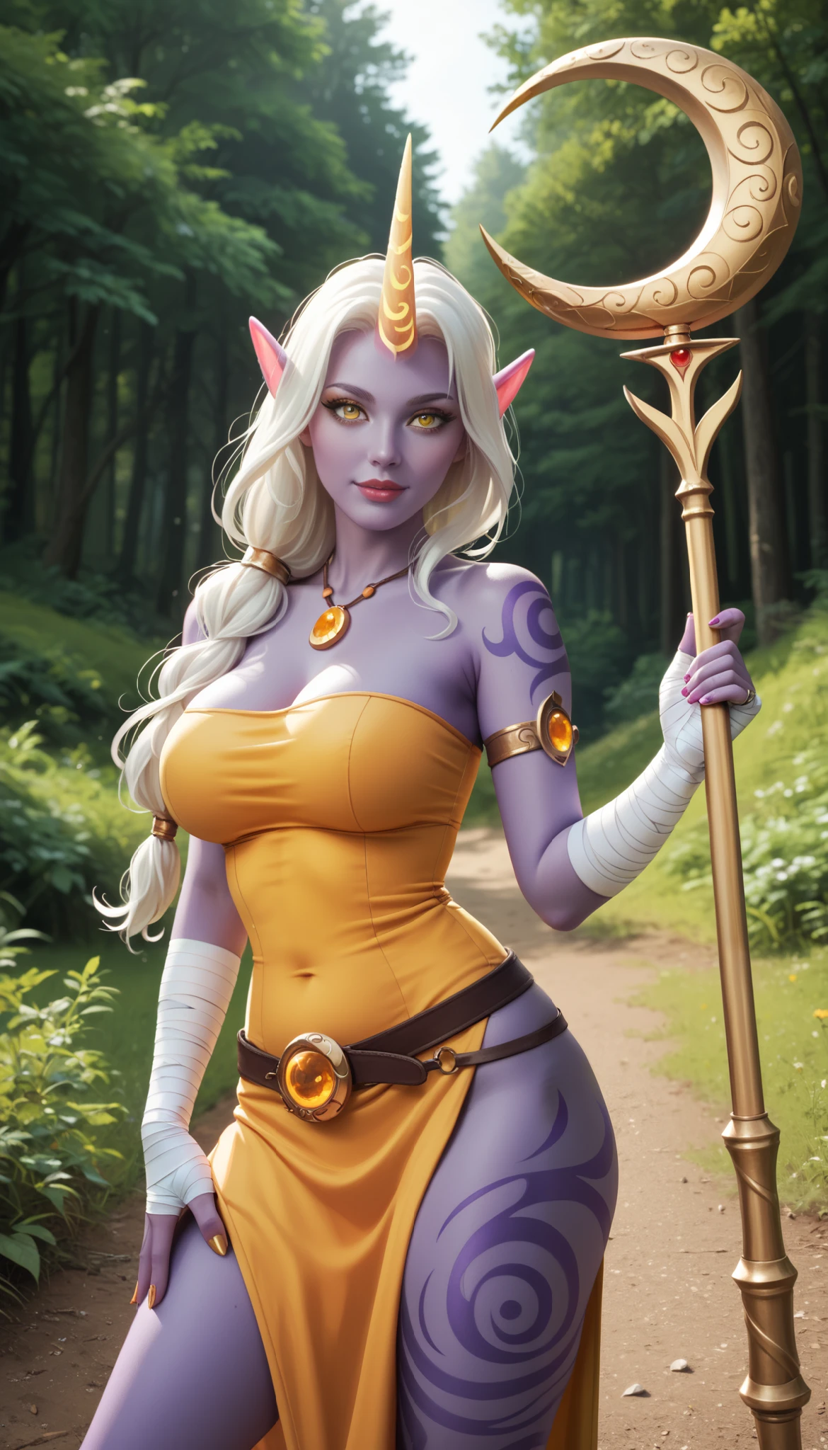 SorakaLoLXLv2, purple skin, colored skin, white hair, long hair, low-tied long hair, sidelocks, yellow eyes, pointy ears, single horn, tattoo, large breasts, bare shoulder, yellow jewel, red cropped torso, yellow dress, armlet, bandaged arms, belt, bandaged legs, goat hooves, crescent moon staff, forest, tree, mature, sexy, sexy pose, she is taking a selfie