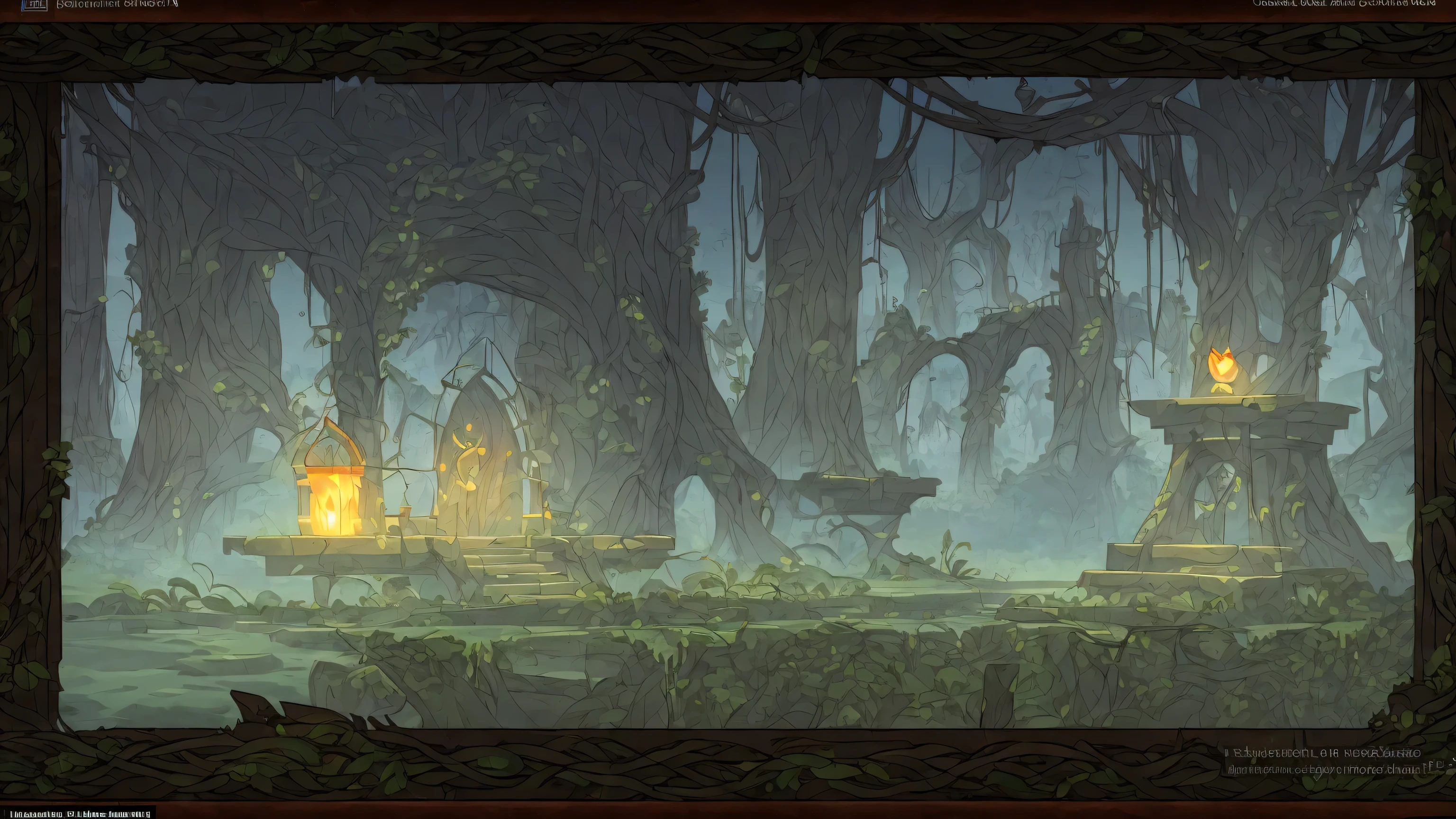 A mysterious stone structure covered in vines stands amidst a dense forest, with torches illuminating the entrance and misty ruins visible in the background.