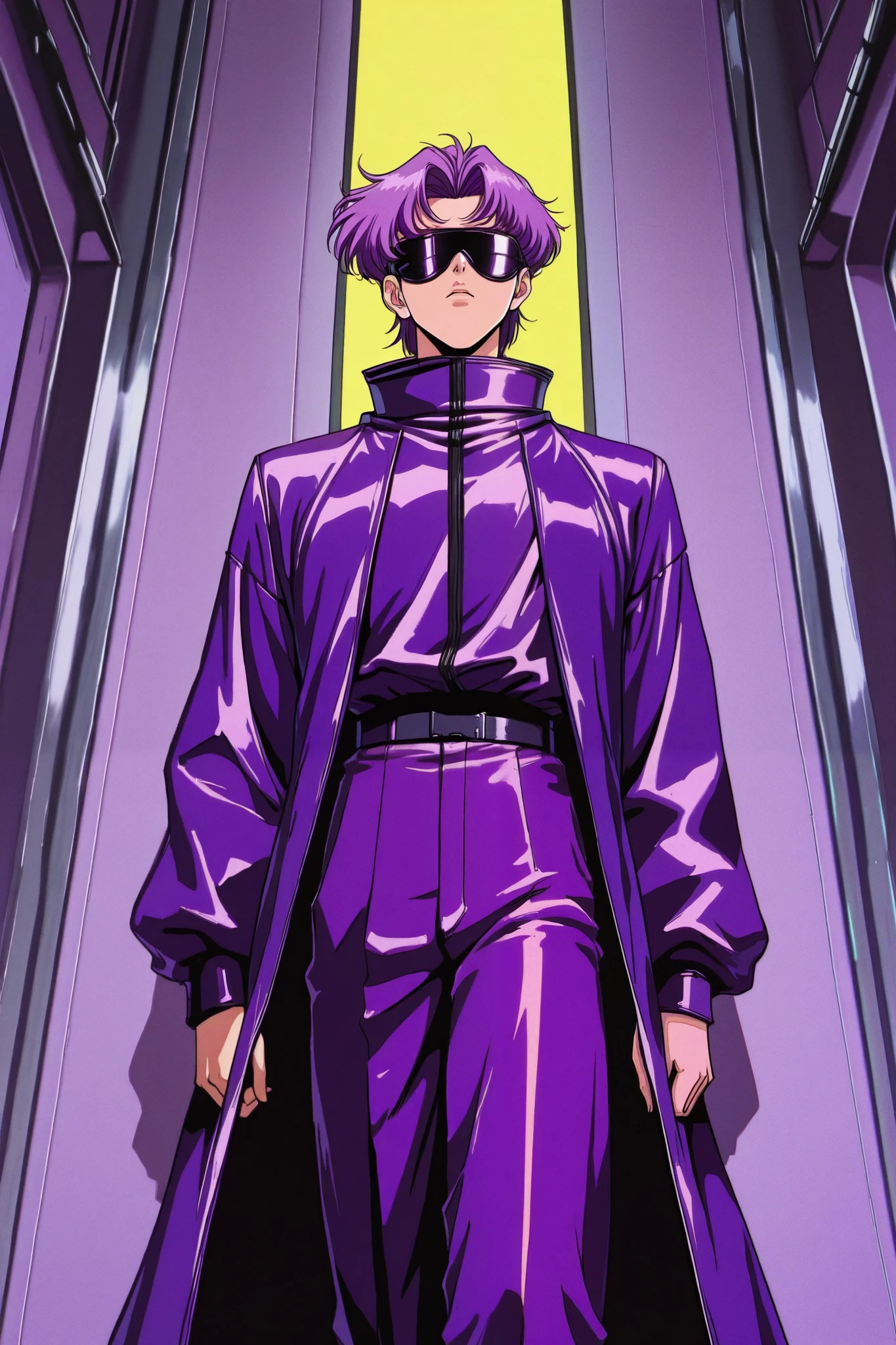 oc, purple hair with yellow highlight, purple pants, high collar, blindfold, covered eyes, round sunglasses , purple long sleeve coat, purple pants, 1boy, solo, alone,  dark_lofi_retro, lofi, retro,  masterpiece, absurdres
