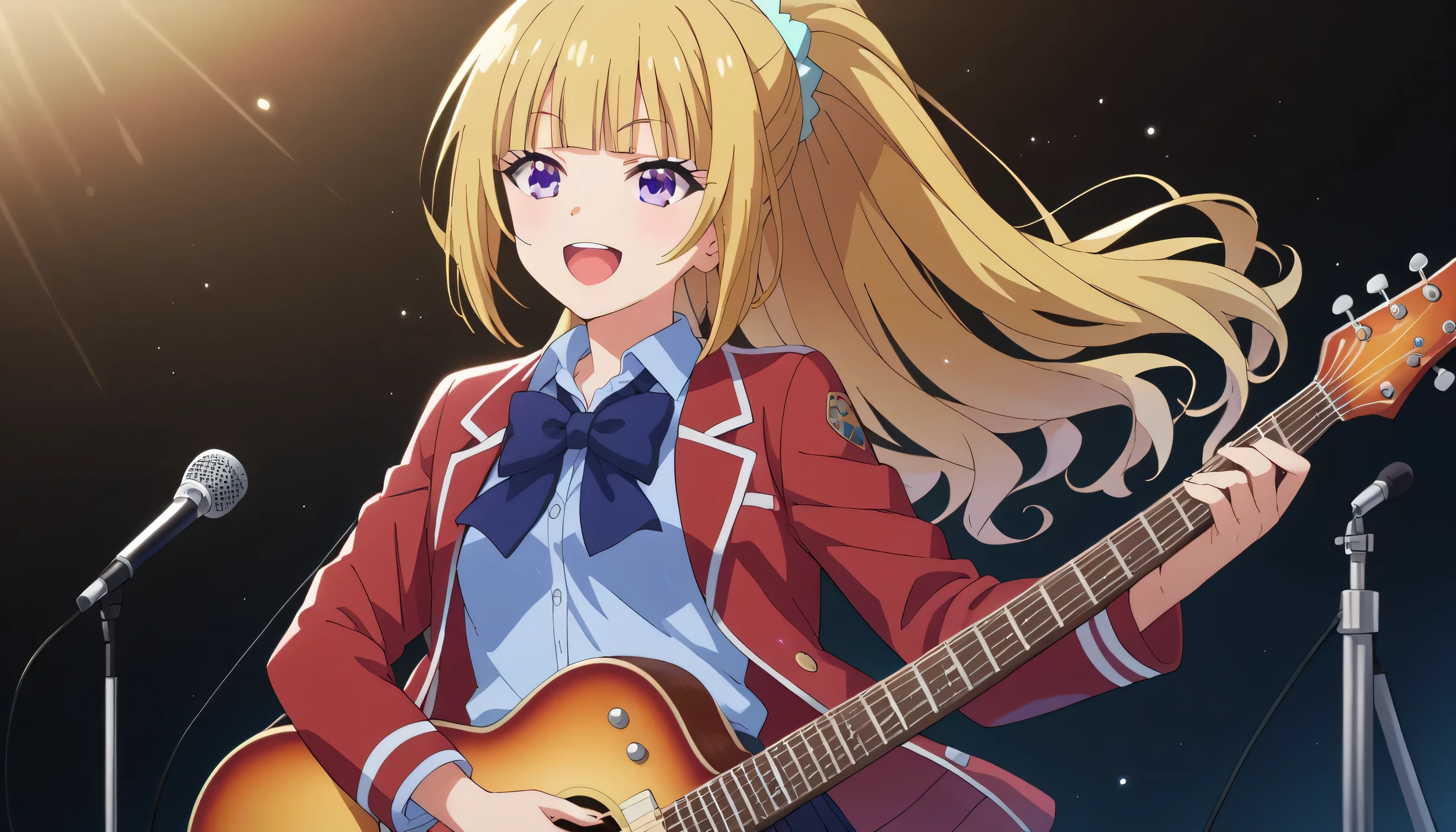 score_9, score_8_up, score_7_up, solo, 1girl, source_anime, keikaruizawa, kei karuizawa, long hair, bangs, blunt bangs, blonde hair, hair ornament, violet eyes, ponytail, scrunchie, blue scrunchie, cowboy shot, sing, singing, open mouth, mic, mic stand, guitar, playing a guitar, looking at viewers, skirt, shirt, bow, school uniform, jacket, red jacket, pleated skirt, bowtie, sweater, blue bow, blue shirt, cowboy shot, light smile