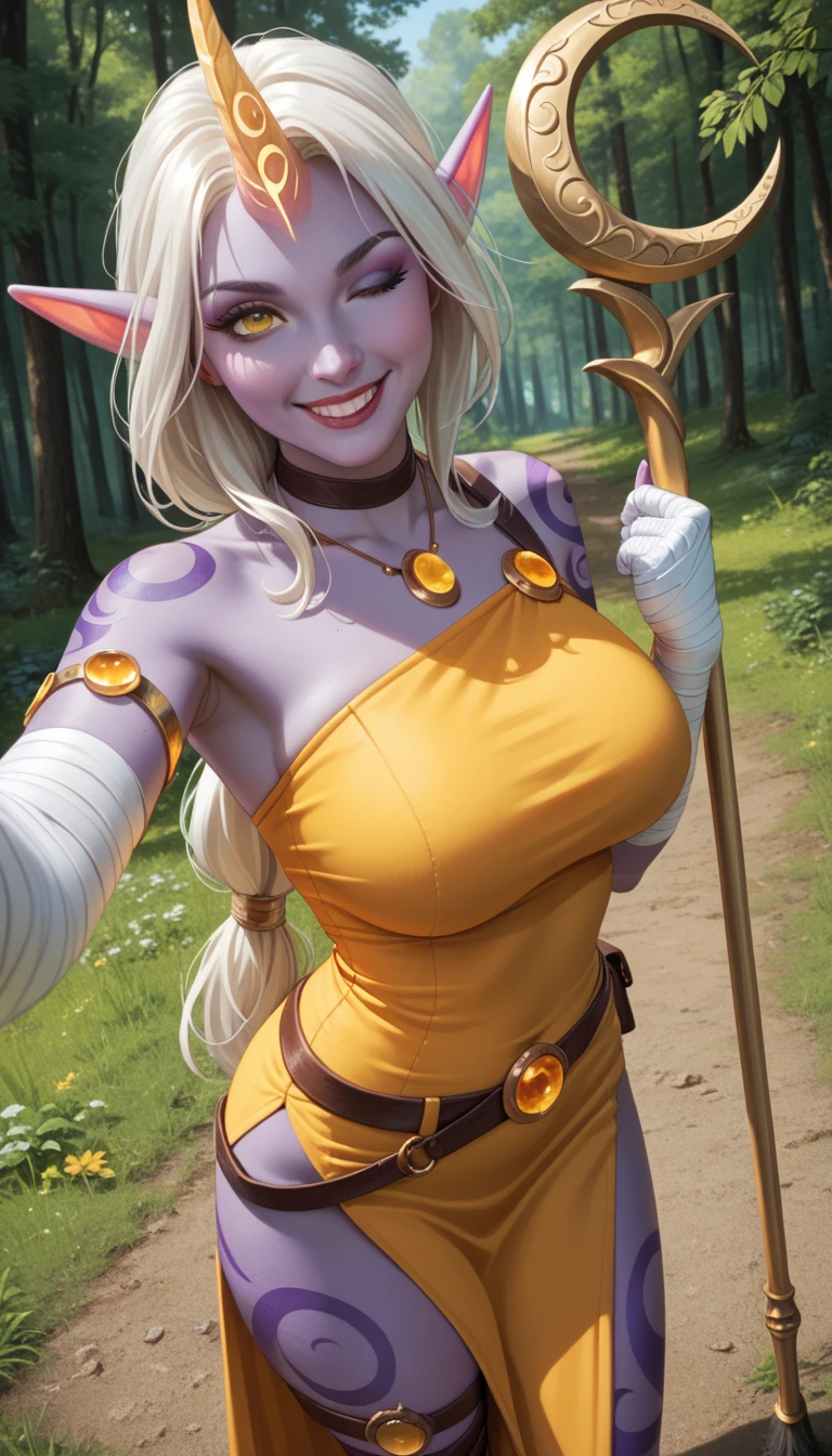 grass field background, Soraka_Classic, yellow_sclera, body_tattoos, Cel Shading, 3D Animation, midriff, (wearing a small and short thong loincloth), petite. slim, (no underwear), (skimpy crotch), barely hidden mound, fullbody shot, stretching, (sexy loincloth),