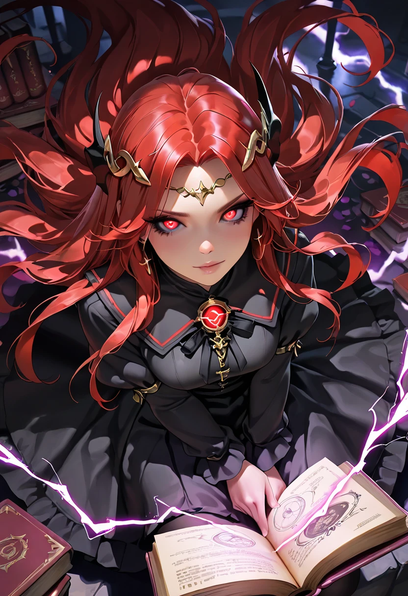 Pink haired woman pressing the button for a nuclear bomb、