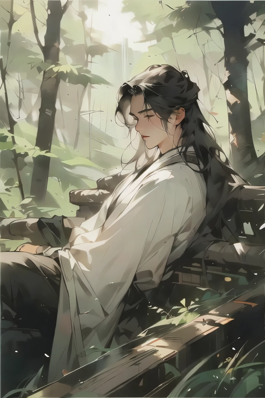  (Best Quality)，  masterpiece，Top Quality，one person，Hanfu，antiquity， man，Mild masculine，In the sun，napping，Chinese mountain forest, Realistic skin texture, Highly Detailed,  8k wallpaper, ,  masterpiece, Super Details, super detailed, Delicate facial features are filled with smoke, Ancient Architecture