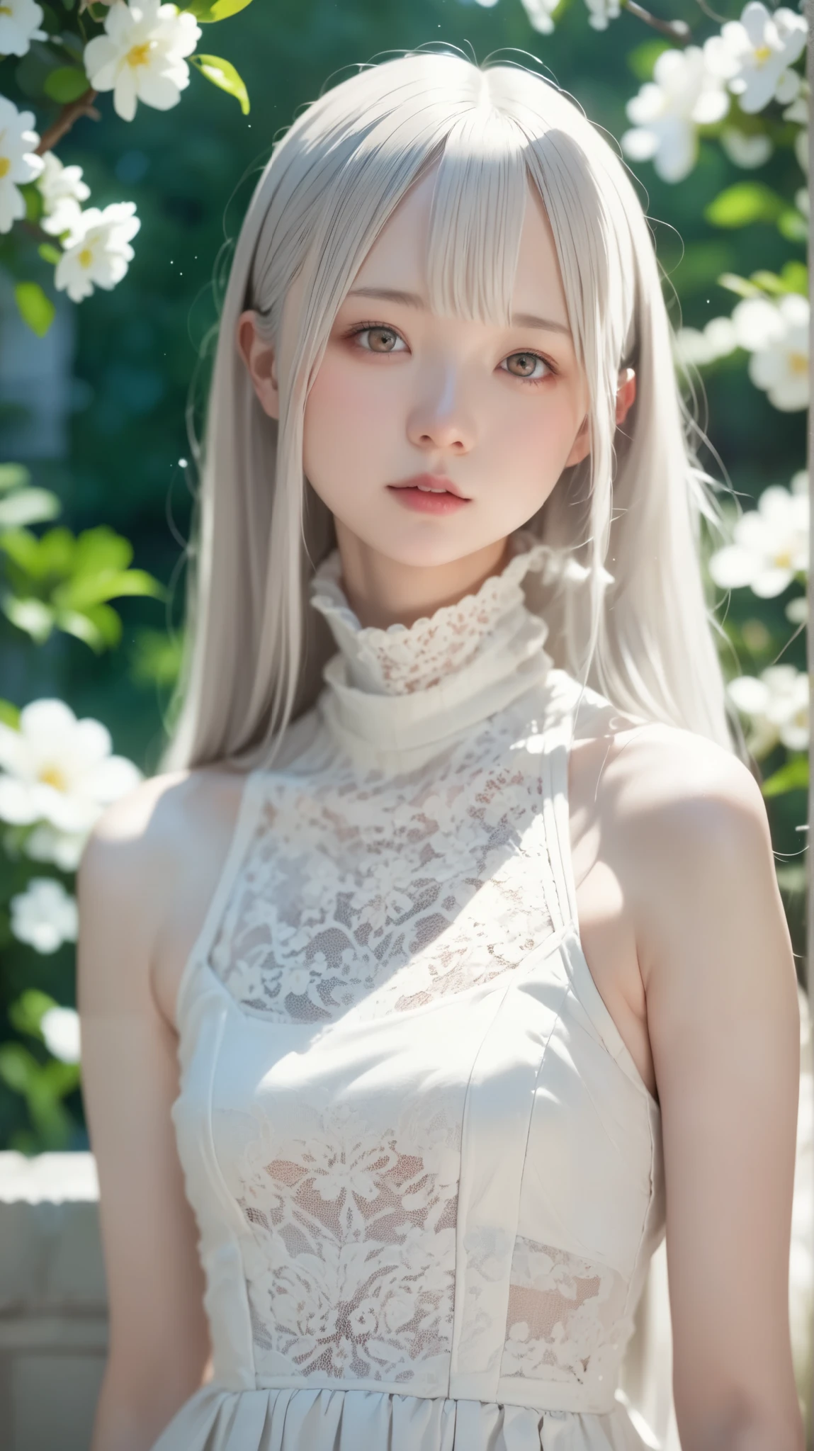 perfect anatomy, Japanese Girls , solo、one girl、少し短い首:1.7, Albino Skin, Gray Hair, straight long hair , light brown eyes, high neck lace fabric, white clothes, artistic.
