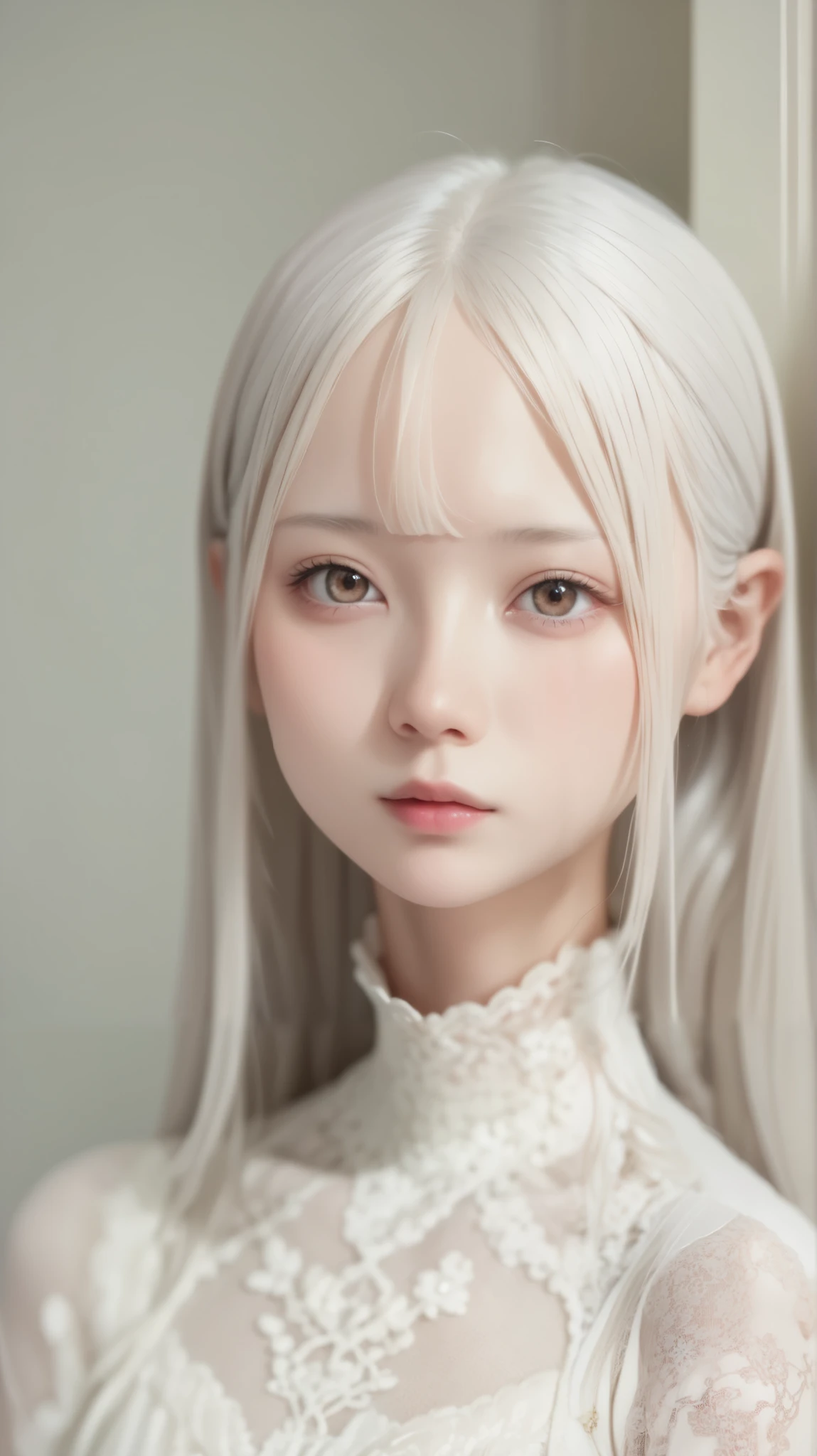  perfect anatomy,    Japanese Girls , solo、one girl、少し短い首:1.7, Albino Skin, Gray Hair,    straight long hair  ,  light brown eyes, high neck lace fabric,  white clothes,   artistic.
