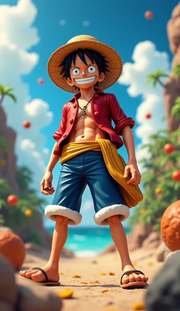 (photorealism:1.2), monkey d-luffy, red and white clothes, Indonesian flag, dipipi Indonesian flag, race "eat crackers"