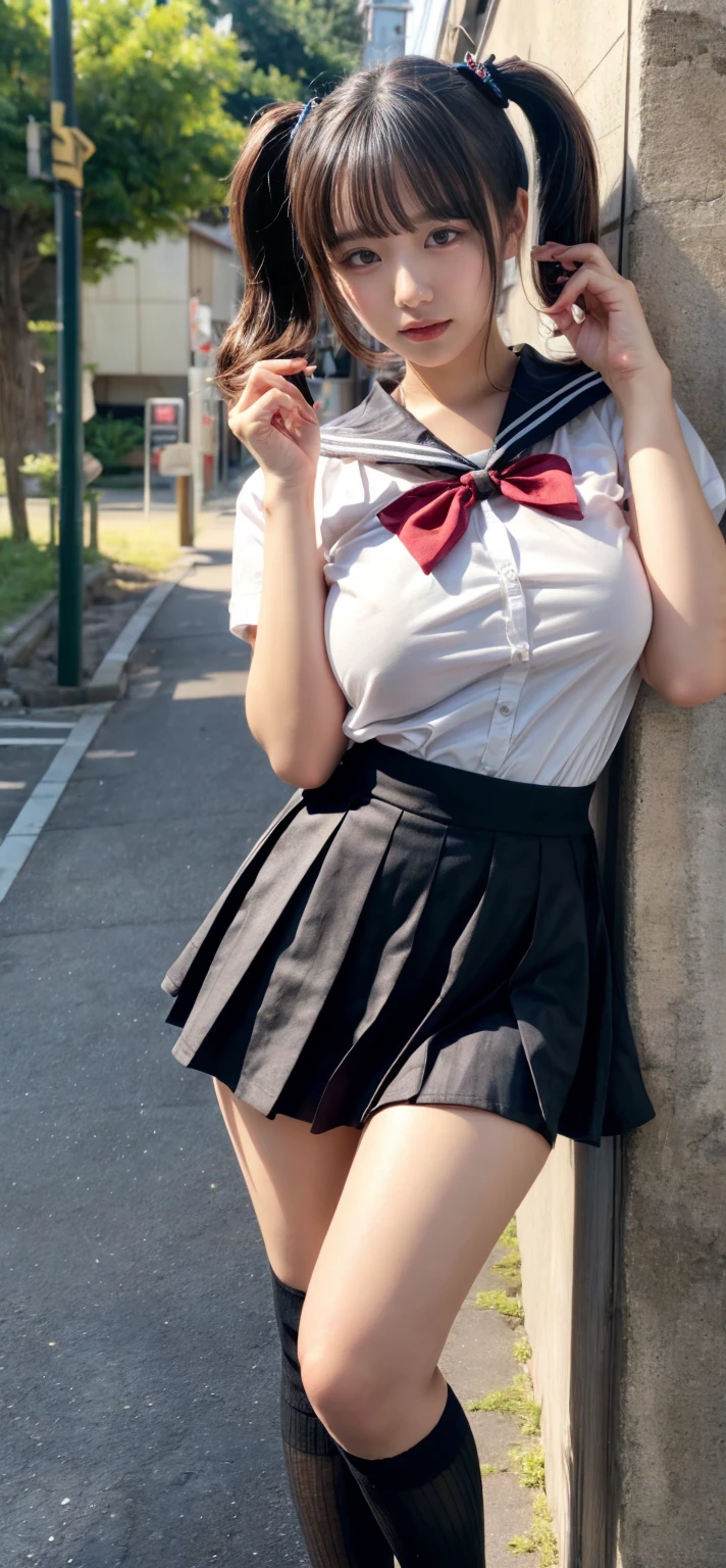 ( very detailed depiction, clear depiction, masterpiece, high resolution, high degree of perfection, Don't skimp on the details, perfect anatomy), 1 girl, cute face, detailed face, slender body, beautiful legs, semi-long hair,( brown eyes, sparkling eyes), beautiful nose, ( high school girl uniform, No panties),( spread regs:1.3), outdoors, ( nsfw,vaginal,pussy focus),