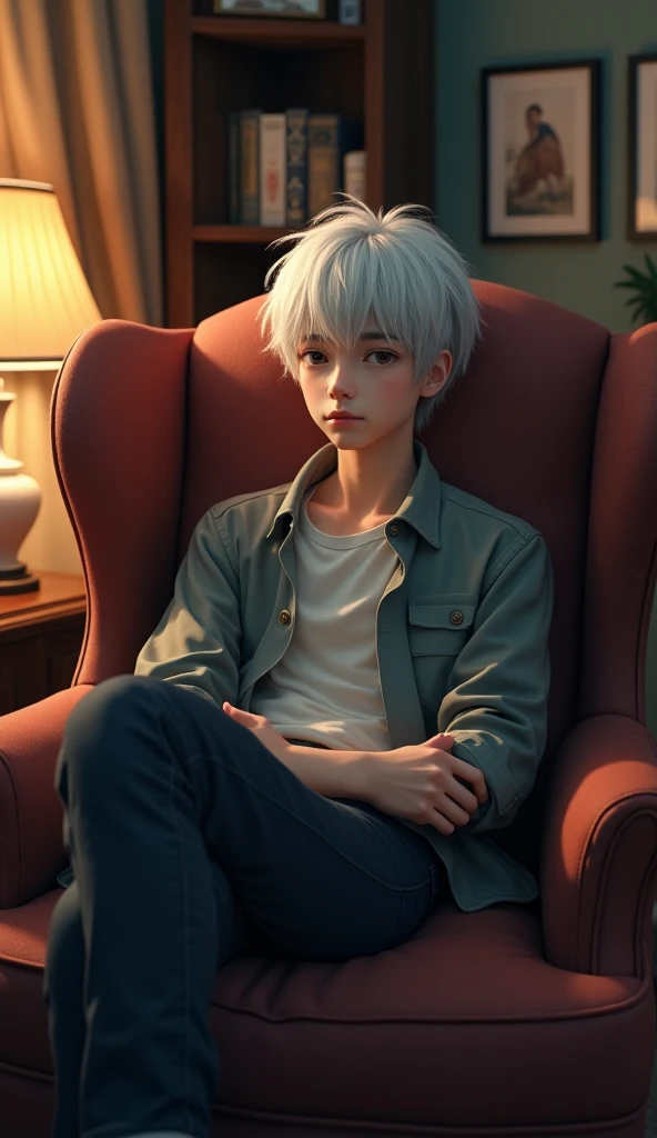 White-haired Shota, starry sky , 15 yo, blue eye, spiky hair, 1 boy, 15 yo, solo, looking at viewer, (masterpiece:1.4), (best quality:1.4), indoors, sitting, short hair, (wavy hair:0.9), (happy face), sunlight, shiny skin, white and grey hair, spiky hairstyle, wearing pajamas satin, material is shiny, open legs, white socks, upper body,bulge,