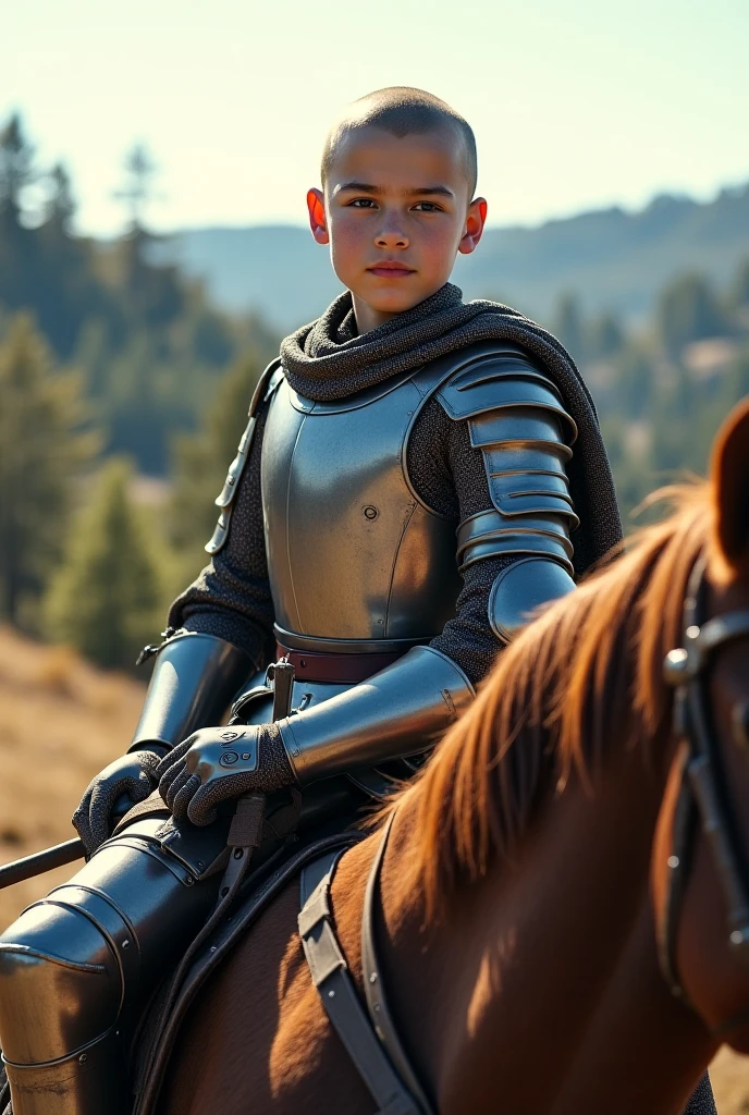 boy wearing knight costume and riding horse
