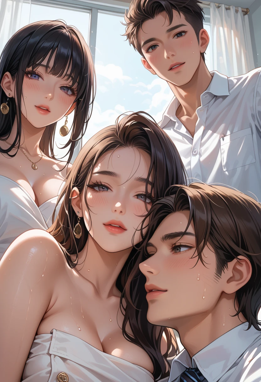 interesting pose, cool pose, cool girl amd boys, threesome, three people close together, hug, 3 person couple, arms around each other, hot, trio together, love. interesting pose, cool pose, cool girl, threesome, three girl and two boys close together, hug, three hugging, 2 girls 1 boy, two boys one girl, arms around each other, hot, girl and two boys together, love, closest, bodies pressed together, sexy girl with two boys, cool angle, cool lighting, awesome art, all three involved, hugging, cool, all dominant, intense stares at each other, 1 girl between 2 boys, one girl between two boys, safe for work, sfw