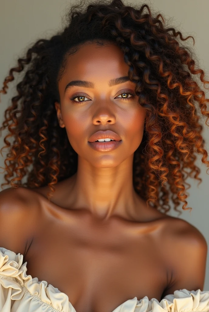 a stunning woman, representing the diversity of human beauty, with unique features that combine different ethnicities and cultures. Her skin has a caramel tone, with deep and expressive eyes, a mix of blue and green, and her hair is a fusion of voluminous curls and soft waves, with shades that vary between dark brown and golden highlights. She wears an elegant outfit that combines traditional elements from various cultures, like Indian embroidery, vibrant African fabrics and modern minimalist details. His expression is confident, welcoming, She exudes strength, wisdom and kindness, reflecting the true diversity and beauty of the world.