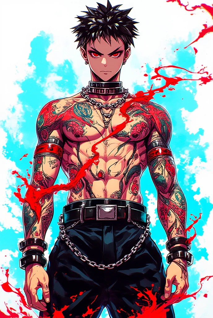 ((Artwork)), (Soul Eater anime line style), (8K), 1 man, extremely strong body, short black spiky hair, red iris color, demonic mark on right eye, serious look, smiling, shirtless, death written on chest, several skull tattoos on body, with chains on body, wearing loose white pants.