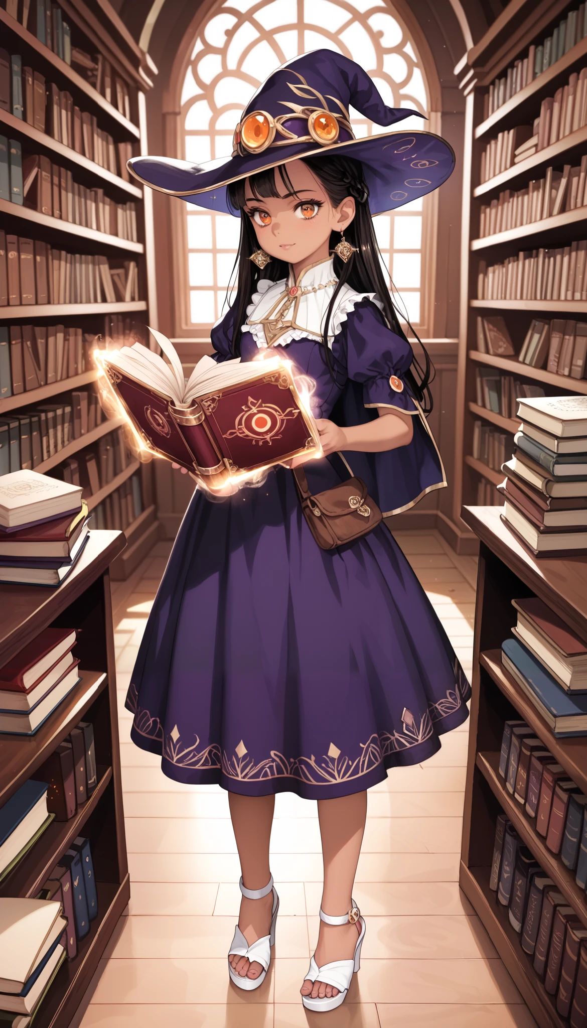 old forbidden library, high resolution, high quality, high quality, precise description, Realistic, フォトRealistic, detailed, magic bookshelf, Ancient magic book, numb books and scrolls, black leather binding, dusty light beam, rotting wooden floor, Mysterious Atmosphere, dark metal decoration, gorgeous magical light, super detail, 8k, super detailなイラスト, Sharp Shadows, 最high quality, super detailな顔, Porcelain Skin, super detailな目, super detailな唇, deep tanned skin , A young wizard holding a large magic wand in his left hand and a magic book with detailed gold decorations in his right hand, Highlight the eyes:1.3, a night filled with stars, one girl, beautiful and detailed eyes, Highly Detailed Eyes and Faces, delicate body with long eyelashes, she is wearing a large dark purple wizard-like sharp hat with a curved tip。, wearing a slightly dark purple dress, wearing white sandals, girl with long straight black hair, orange eyes, Menacing look, full body, accurate anatomy