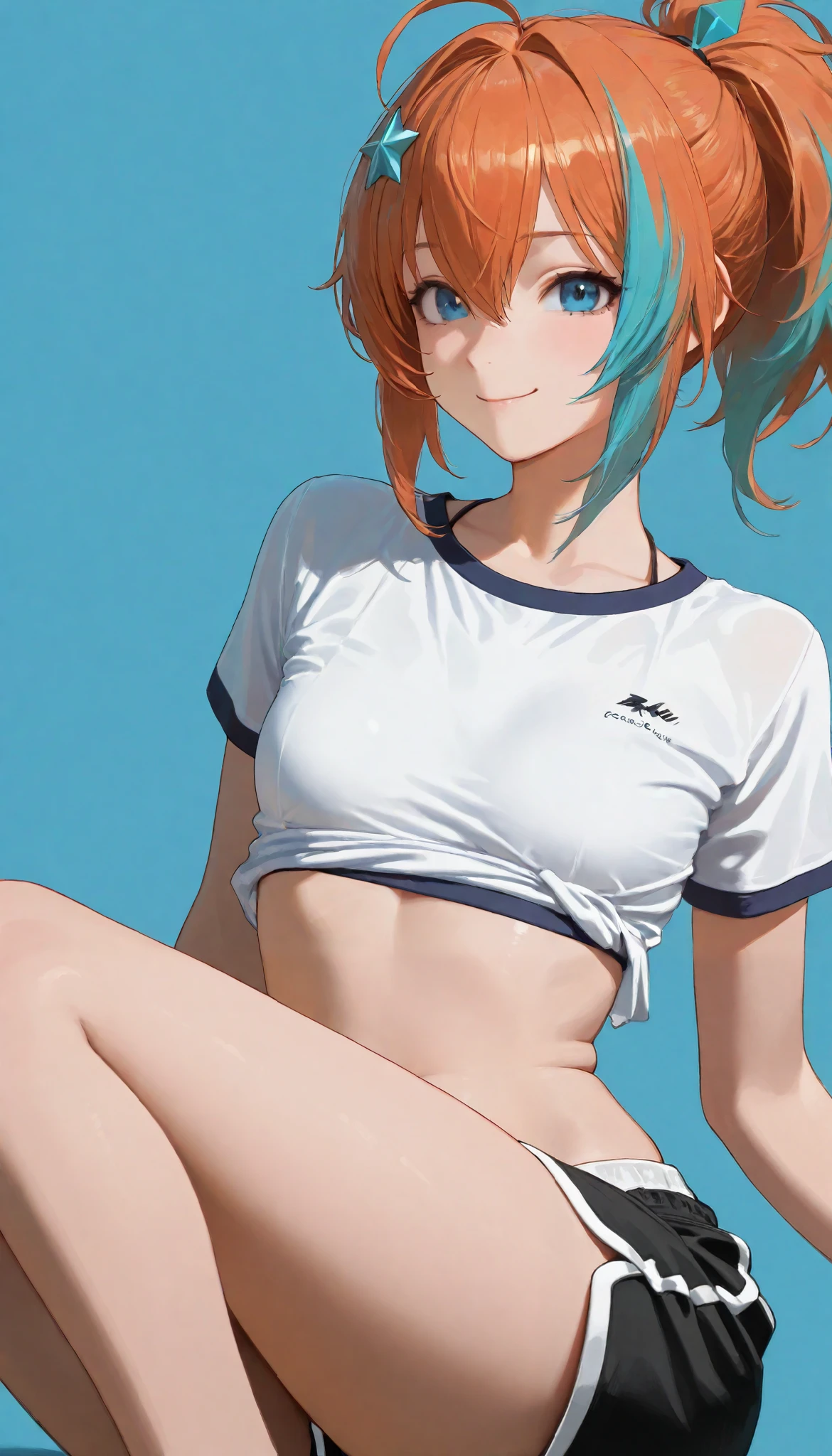 ,smile,ponytail dyed hair,stand up,black shorts,white shirt,sexy legs,perfect body, very small breasts,Soft light, High Precision, best quality,upper body,blue plain background ,blue background