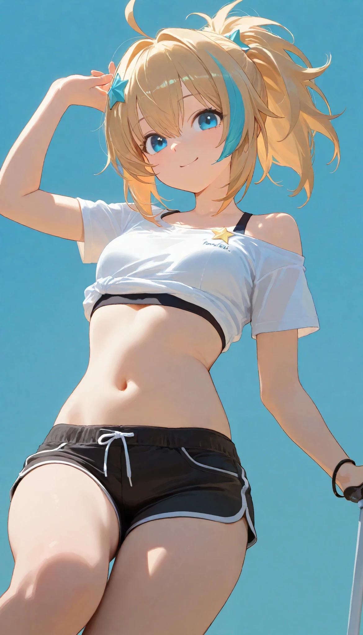 ,smile,ponytail dyed hair,stand up,black shorts,white shirt,sexy legs,perfect body, very small breasts,Soft light, High Precision, best quality,upper body,blue plain background ,blue background
