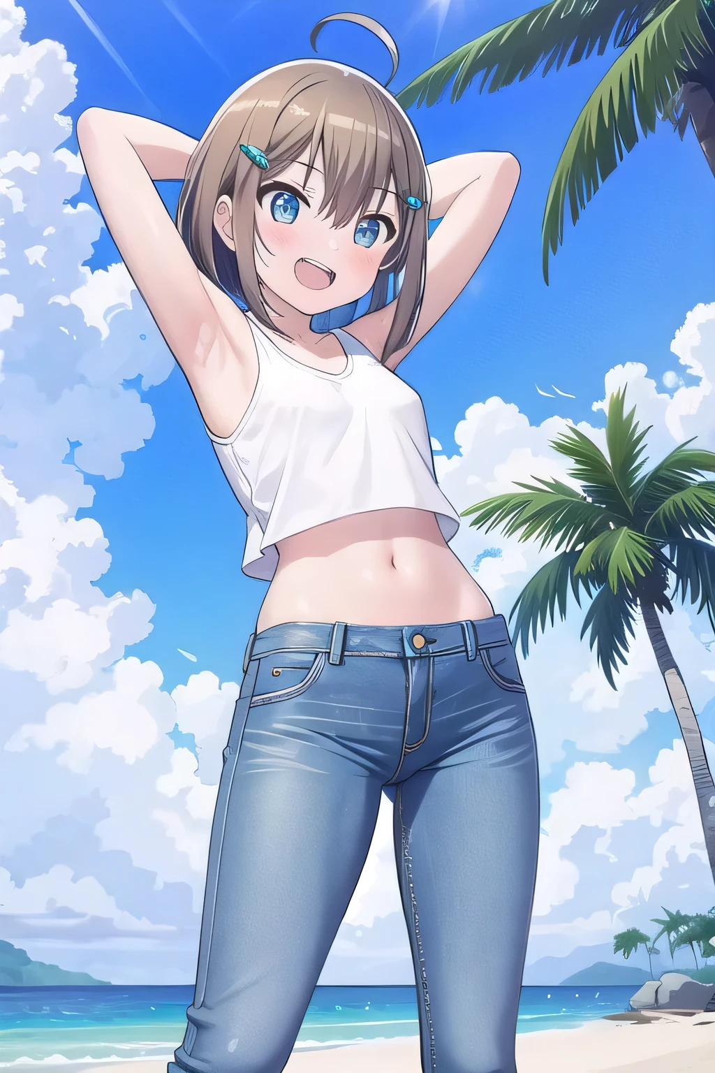 masterpiece, best quality, ultra detail, ((Perfect Face, perfect eyes, perfect hair, perfect arm)), 1girl, 14yo, petite, ((round face, ecstasy, orgasm face, drooping eyes, shame smiling, blush)), dropping eyes, sleepy, Open mouth, ((White teeth)), background((under the beach, (day:1.2), palm tree, bright sky)), miku hatsune, ahoge, green eyes, (light brown hair:1.2), crossed bangs, hair between eyes, hair ornament, (bob cut:1.0), (straight hair:1.7), ((arms behind head, hands behind head, fingers behind head)), ((contrapposto)), spread armpits, looking at viewer,, (white tank top:1.2), (white crop top:1.2), (jeans pants:1.2, flares jeans:1.2, skinny jeans:1.2, blue jeans:1.2), standing, (legs spread:1.4), sex pose, Sweaty crotch, Steam from the crotch, from below, whole body