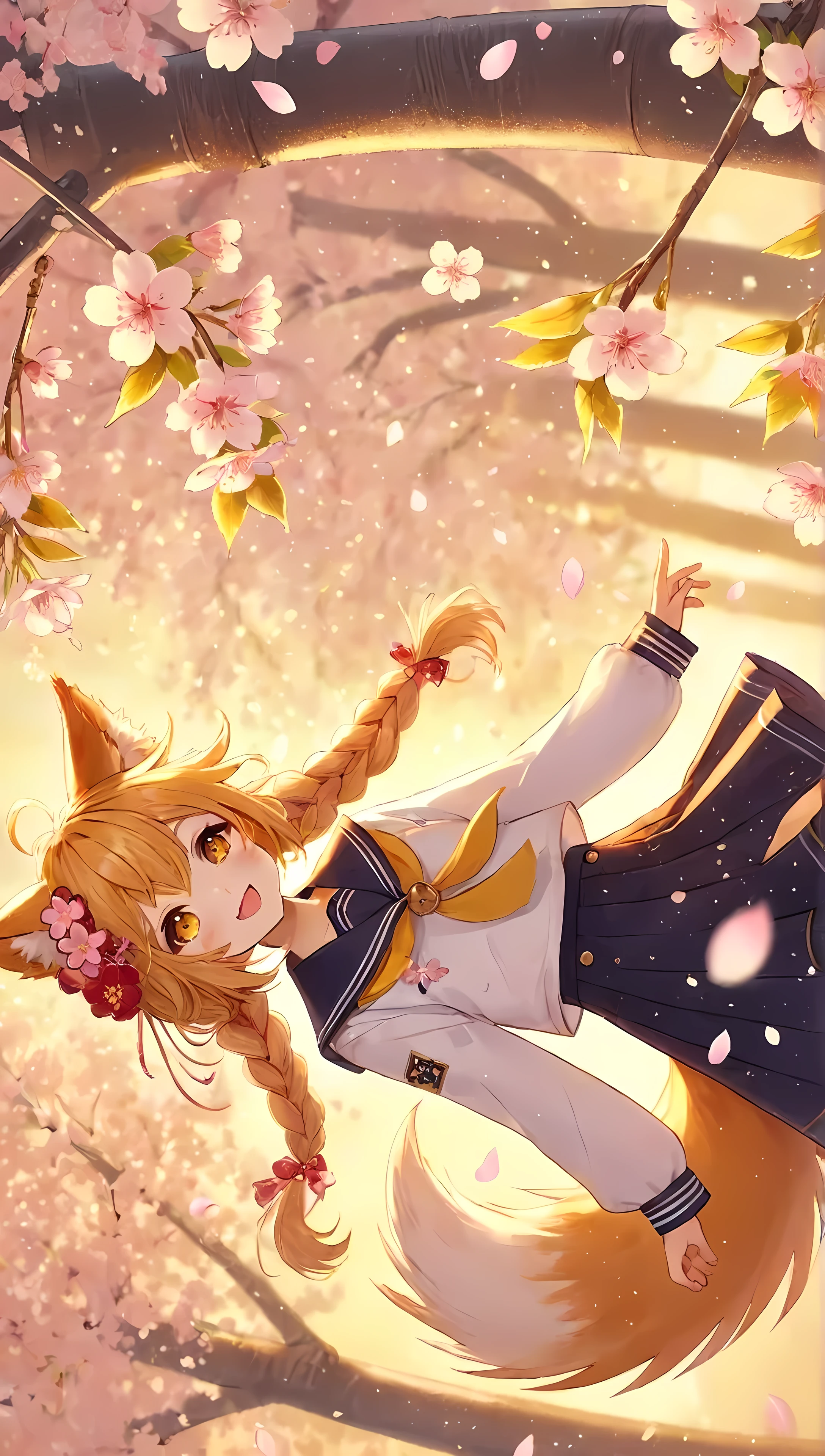 An anime girl in a sailor suit is flying, very Beautiful Anime cat girl, Beautiful Anime catgirl, cherry blossom petals around her, cute anime cat girl , Anime Girl with Cat Ears, anime style 4k, Beautiful Anime , Anime Wallpaper 4k, Anime Wallpaper 4 k, cute girl anime visual, Anime Art Wallpaper 4K, Anime Wallpaper
