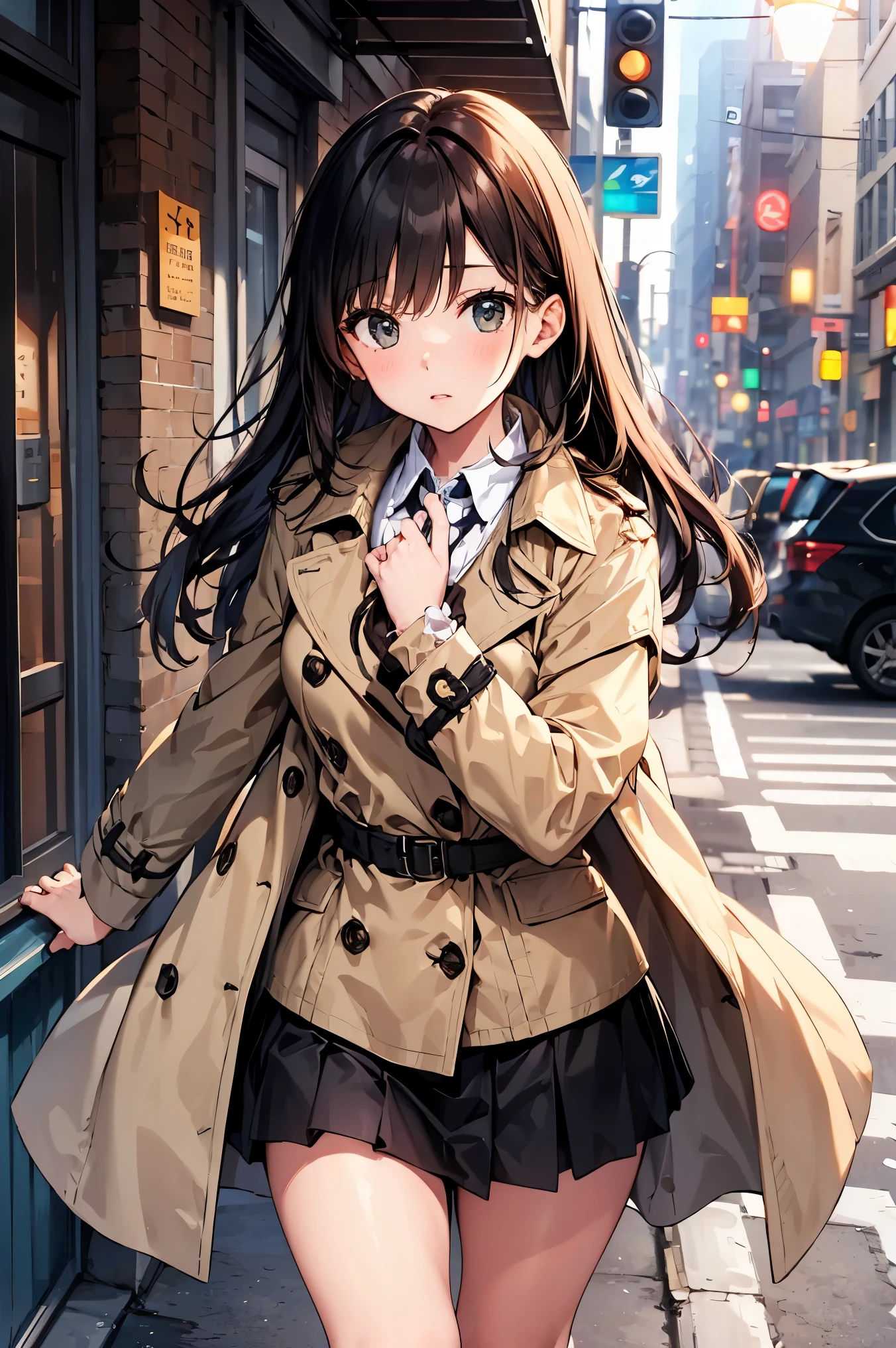 Stand up the collar of the coat、trench coat、woman、long hair、Strong winds、Hold your hair in your hands、 Gold、adults、Close one eye、Beige coat