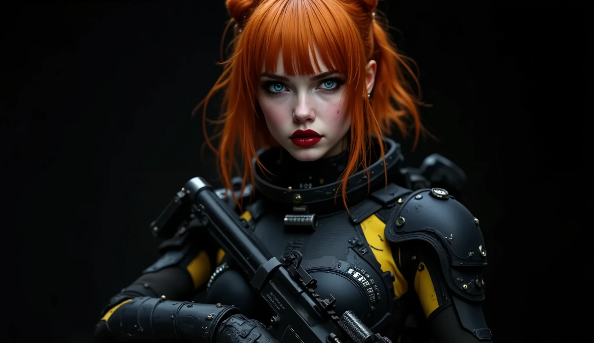 ((artwork, highest quality, A highest image quality, high resolution, photorealistic, CRU photo, 8k)),(best quality, 4k, high resolution, masterpiece: 1.2), ultra detailed, (realistic, photorealistic: 1.37), ray tracing, framed image. Full body wide shot from the front, a beautiful warrior woman looks at the viewer angrily, very technological, perfect image, 8k, of a woman with orange-red hair, very long and wavy hair, her hair covers part of her face, very disheveled, with bangs, very detailed green eyes, thick and wet lips, half-open lips, angry face, stares at the viewer, sensual, serious, wearing a heavy combat jumpsuite, the woman wears an advanced mechanized combat jumpsuite, black jumpsuite with yellow patterns, letters engraved on the protector of her left shoulder, high-tech heavy armor, She carries in her hands an advanced futuristic assault submachine gun with silencer and rangefinder, LED ammunition indicator on the submachine gun, additional ammunition, extra magazines and grenades, cartridge belts with ammunition, she is angry, advanced combat metal gloves, worn advanced mechanized combat jumpsuite, with bumps, scratches and dirt from the combat suffered. Very technological advanced mechanized combat jumpsuite, bluish light indicators on the sides and arm, sophisticated and very technologically advanced yellow polymer forearm computer. Extremely beautiful and fit woman, big breasts, sagging breasts, narrow waist, normal hips, black and yellow advanced mechanical boots, cybernetic boots, completely black background ideal for wallpaper, absolute black image background, dynamic lighting, reflections, raytracing, dynamic pose. Viewed from a high angle, dramatic lighting, cinematic composition, dark atmosphere, detailed facial features, photorealistic, 8k, high quality, masterpiece