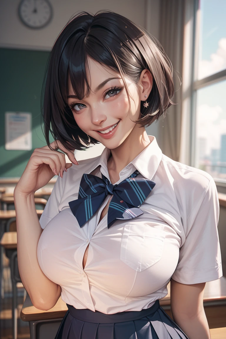 (​masterpiece、top-quality:1.2), Surreal Schoolgirl, 独奏, Realistic、1girl in, Yukinoshita Yukino, (shinny skin、wetted skin:1.2), Wearing sweat, I'm smiling really happily, Watch your audience carefully, all-fours, 校服, white  shirt, plaid skirts, thighs thighs thighs thighs, PM, Classroom Surreal High School Girl、Very tall woman、short hair with clean bangs of 46 points,,,,,,,,、the neck is long、Put your ears out、distinct double eyelids、The beauty of the golden ratio、Perfect Anatomy、Perfect and detailed body、large full breasts, cleavage