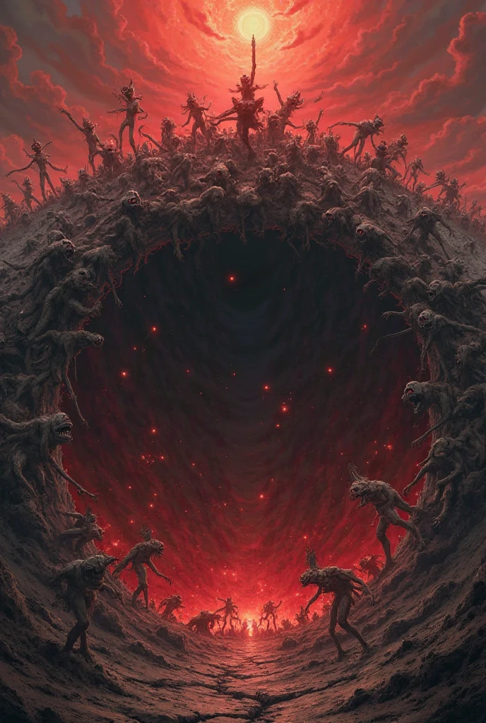 a beautiful detailed kitsune woman with long black fox ears and tails, glowing red eyes, highly detailed mature and curvy figure, large breasts, holding a towel, eating a corpse, surrounded by a burning catedral full of charred corpses, terrifying smile with glowing red eyes, body covered in dark sinister stains, (best colors,extreme detail description,professional,horror,fantasy