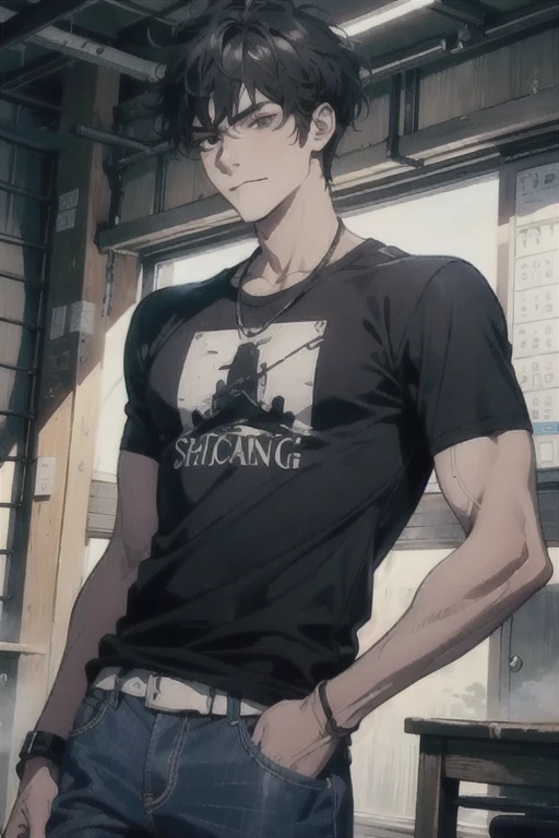 there is a man with a black shirt and a black shirt, as an anime character, he is wearing a black t-shirt, Handsome anime pose, Anime handsome man, Male anime style, kentaro miura manga style, anime realism style, in an anime style, kentaro miura manga art style, male anime character, Muscular!!, anime style character,A character in the spell return battle ,(Voheshir)