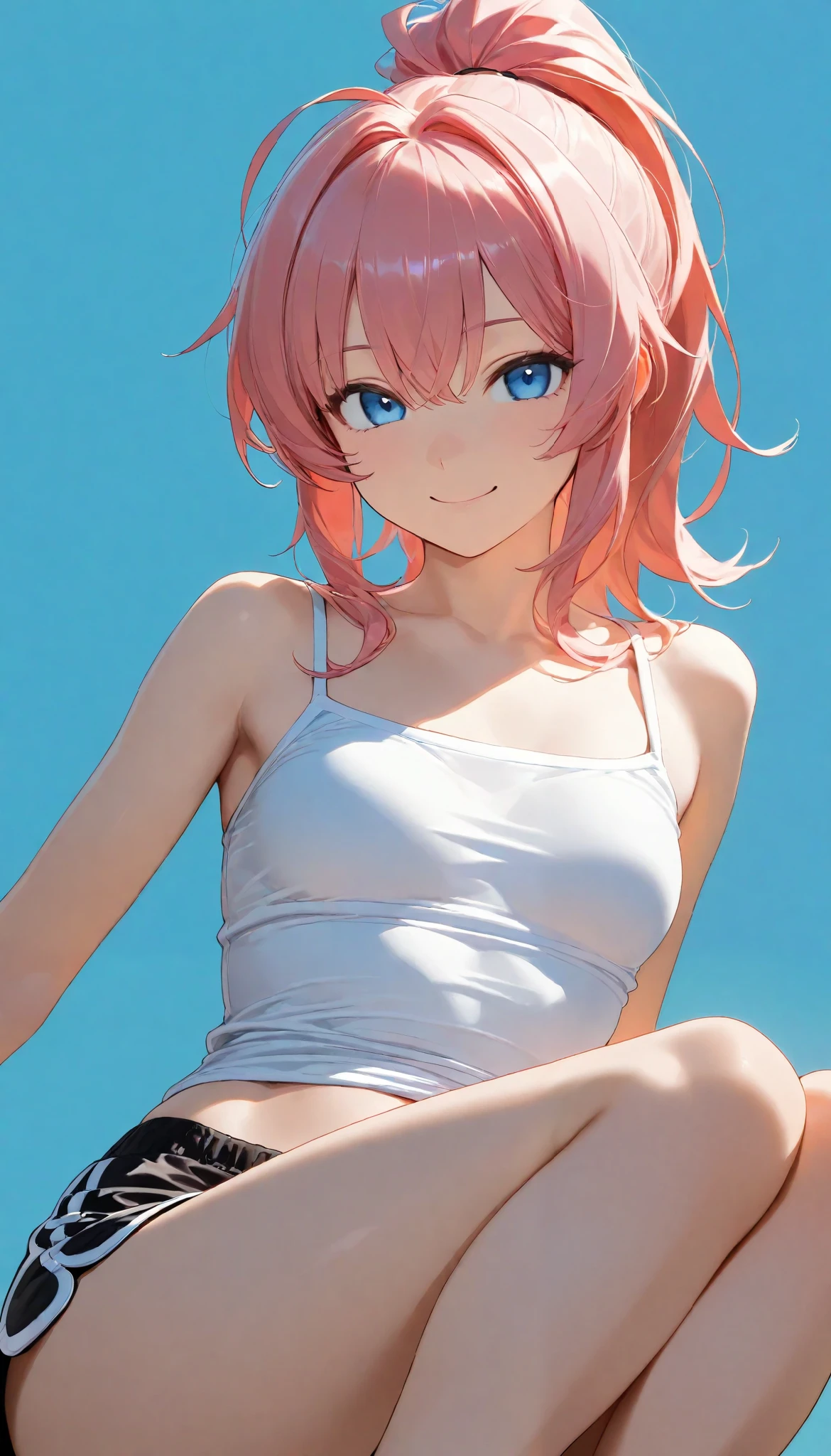 ,smile,ponytail dyed hair,stand up,black shorts,white shirt,sexy legs,perfect body, very small breasts,Soft light, High Precision, best quality,upper body,blue plain background ,blue background