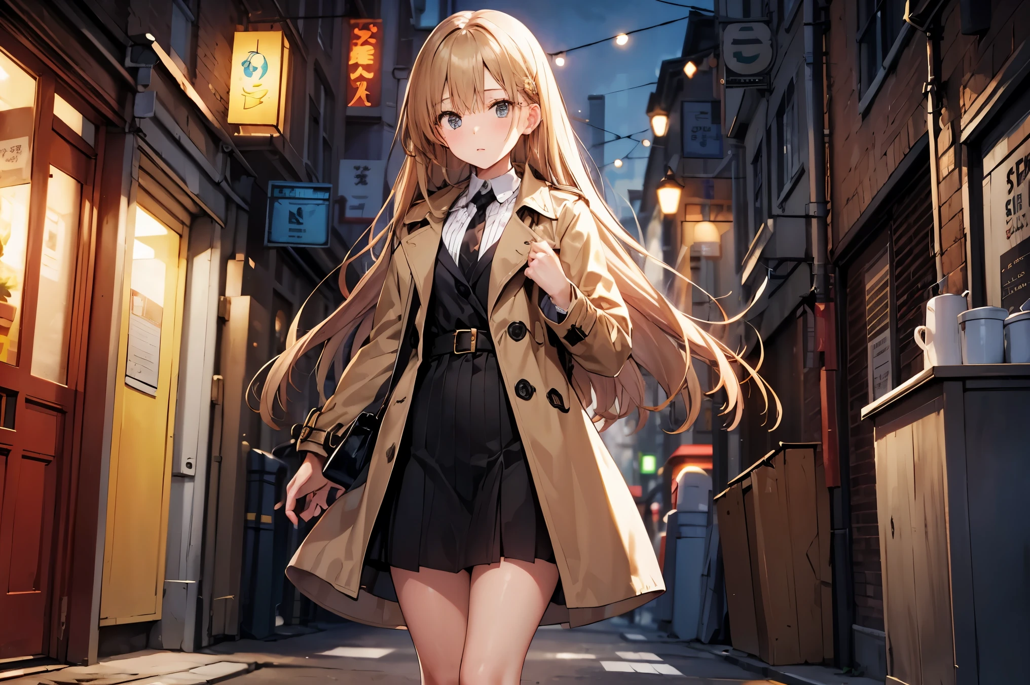 Stand up the collar of the coat、trench coat、woman、long hair、Strong winds、Hold your hair in your hands、 Gold、adults、Close one eye、Beige coat