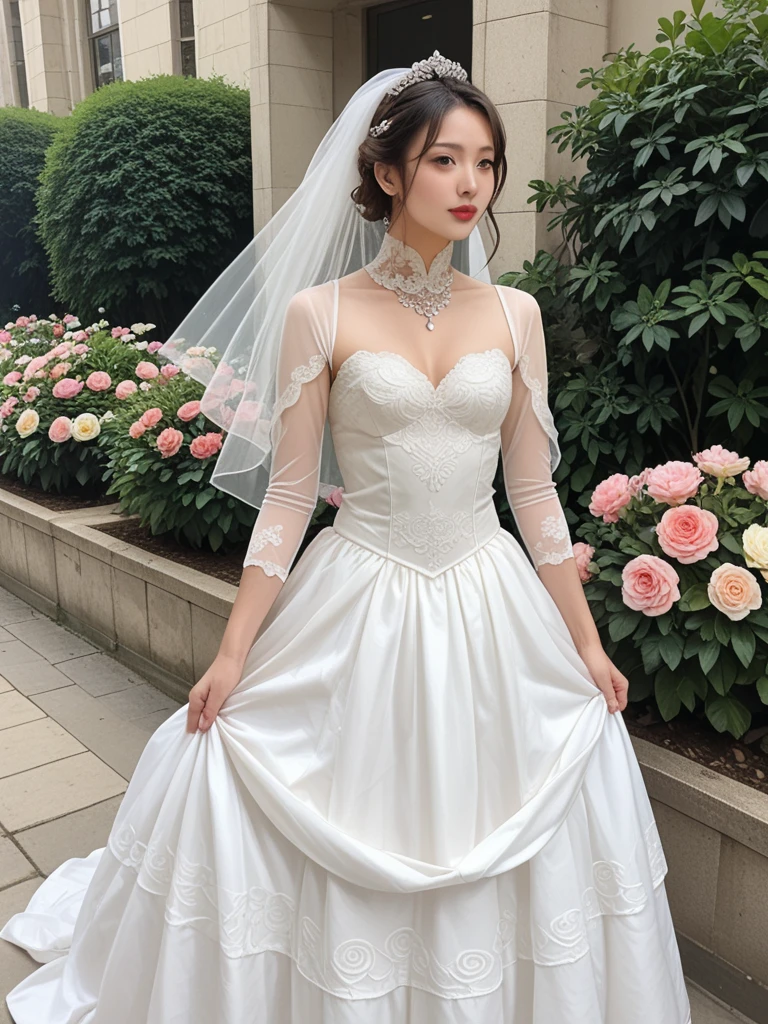 (((Pixel perfect, Perfect details))), alone, 1 girl, yuigahama yui, Close-up of beautiful bride wearing beautiful wedding dress,Gurwitz, (bridal veil:1.5),(transparent short veil:1.5),blush,eye shadow,Blushing face,Head flower,headgear,bouquet,(tube top wedding dress:1.5),(silk dress:1.2),(strapless wedding dress:1.5),pure white dress,necklace,earrings,(large breasts:1.3),Bangs,lipstick,(White long elbow gloves:1.4),whole body照,High-detail RAW color art,White long skirt,whole body,(standing on the railroad tracks:1.3),18 years old, (long twintails:1.5),(double bun:1.5), black hair