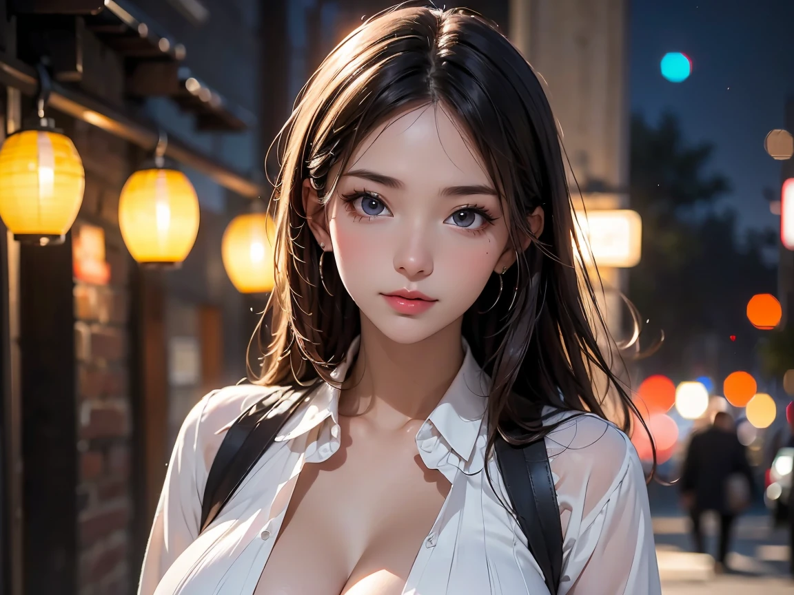 ((best quality)), ((masterpiece)), (realistic), (detailed), Russian women, sexy, attractive, (evening),((face selfie)), smile, shirt, hot, abs , on Russian streets in night