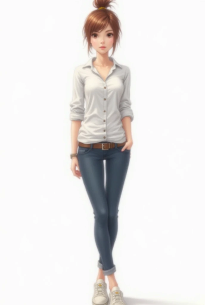 Woman, very short black hair, round brown eyes, humanized pixar style, smiling, white shirt and jeans, full body, transparent background