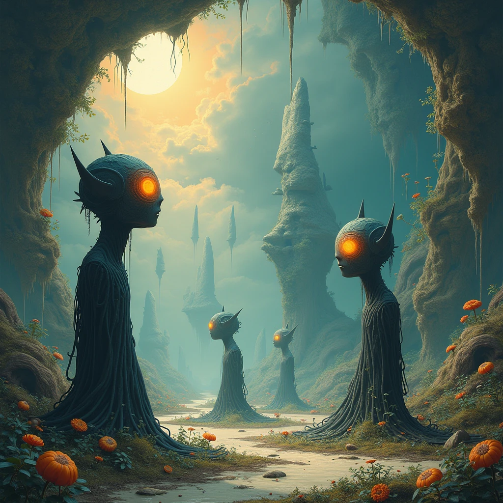 The alien creatures were tall and thin, and they had big eyes. They were wearing strange clothes that Whiskers had never seen before. --auto