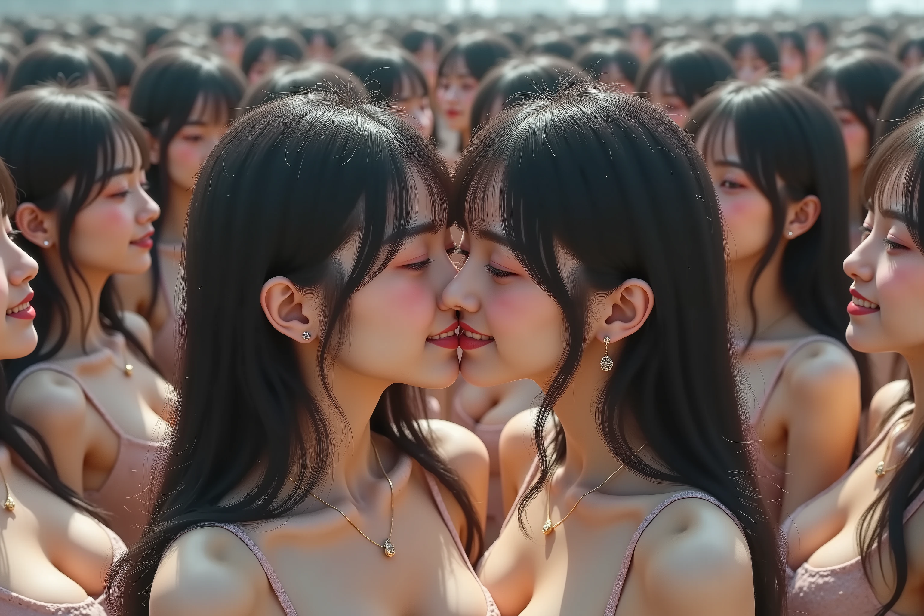 (((Myself = Japanese Beautiful Super Clone multiply girls))), (Super Best masterpiece, Raw Photography Art, 16k, best image quality, Ultra High Resolution), (((((is a depiction of the world filling the world with a huge crowd of Myself Only's Cloning Girls, which is so unreal, unfathomable, and overwhelming, Super overly overly large, Super dense, many of us are clones of girls doting on each other and hugging and kissing, Super Intense Lesbian Love Relationship, I'm going to massage my boobs))))), ((Xiaoyan, Thick black hair, semi-long hair, Idol-like look, very cute smile, 16yo)), (((Japanese high school uniform for girls, Short mini skirt))), (( very detailed, beautiful and accurate super busty girl , Amazing emphasis on cleavage )), ( Details that can be clearly seen from afar , Very detailed and accurate1Point perspective drawing, Ultra-wide field of view, Super wide top view, No need for a center subject)