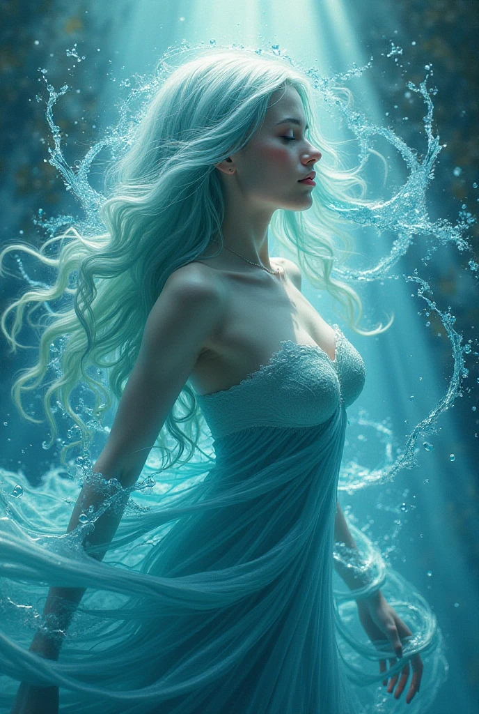 a close up of a woman with long hair in a body of water, goddess of the ocean, goddess of the sea, closeup fantasy with water magic, mystical atlantean valkyrie, karol bak uhd, water element, asian female water elemental, portrait of mermaid warrior, beautiful mermaid, portrait of mermaid queen, digital fantasy art ), azure. detailed hair