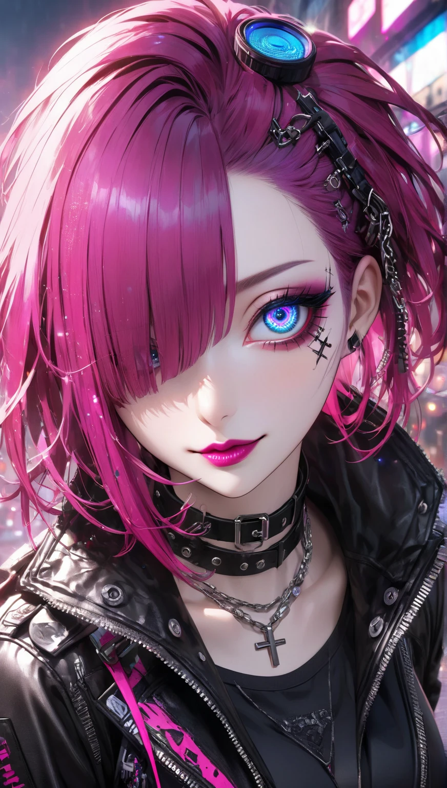 (masterpiece), (extremely intricate:1.3), (realistic), 1girl, solo, goth, pale skin, rainbow hair, ponytail, detailed blue eyes, portrait, looking at viewer, indoors, grin