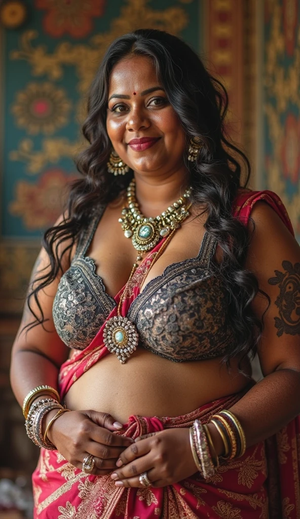 Looks like Mahie Gill, full body Closeup shot, Big chubby aunty, milf, cougar lady witch, fierce eyes, evil seductress, wide body, horny Gothic milf, 60 years old gorgeous mature lady, pervert demoness, demoness of lust, curvy, black lips, horny face, extremely gorgeous, thick figure, heavy physique, voluptuous, curvy, sexy figure, Fashionable portrait of androgynous alien looking witch wearing veil, glowing eyes, futuristic design, minimal details, givenchy, photoreal, 200mm, hd, f/ 2.0, highly detailed, surreal, sexy beautiful evil woman, sexy bold sequin Saree with strapless Bra, chudail, Pishachini, horror genre, blood-thirsty enchantress, powerful female spirit, eerie, drop dead, in the style of red and blue, (intricate details, hyperdetailed:1.15) (skin texture:1.2), dark Moody tone, cinematic lighting, haunted place in background, evil seductress,