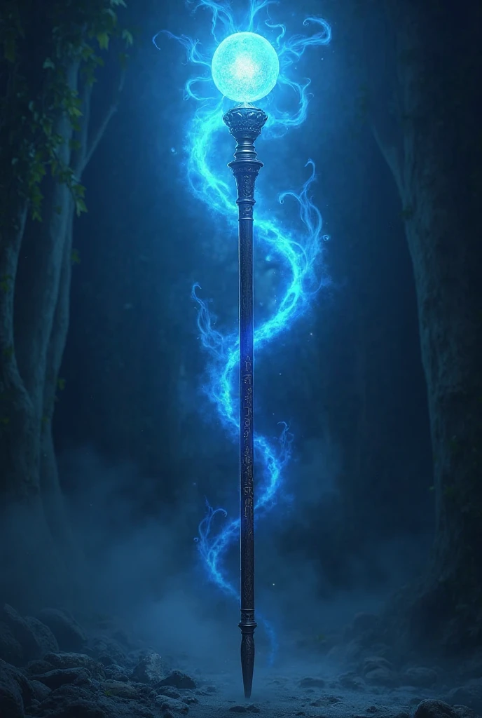 a powerful stormcaller's staff, with lightning bolts crackling around the tip, and a rugged, weathered wood grain texture on the shaft.