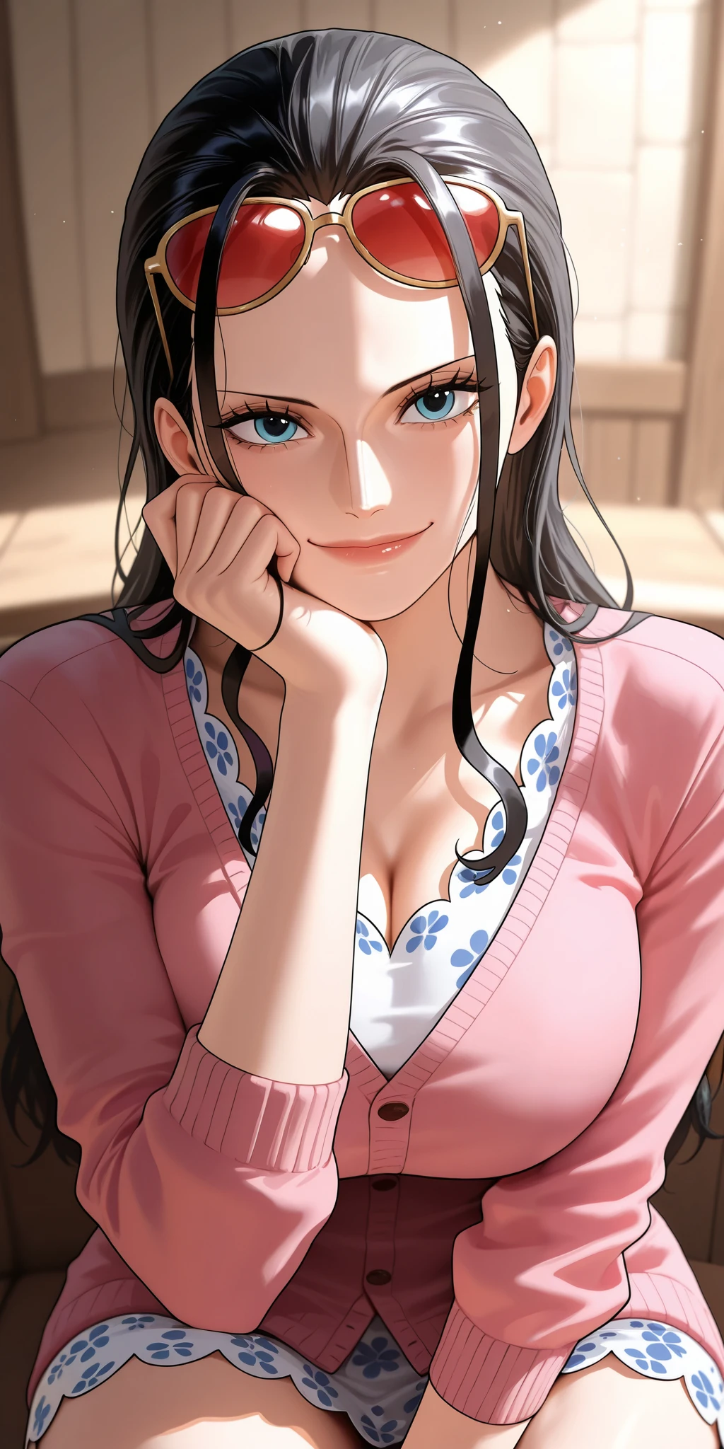 masterpiece, best quality, amazing quality, 1girl, nico robin, one piece, cardigan, shirt, eyewear on head, blue eyes, black hair, close mouth, hair slicked back, long hair, red-tinted eyewear, sidelocks, smile, hand on own cheek, hand on own face, looking at viewer, sitting, cowboy shot