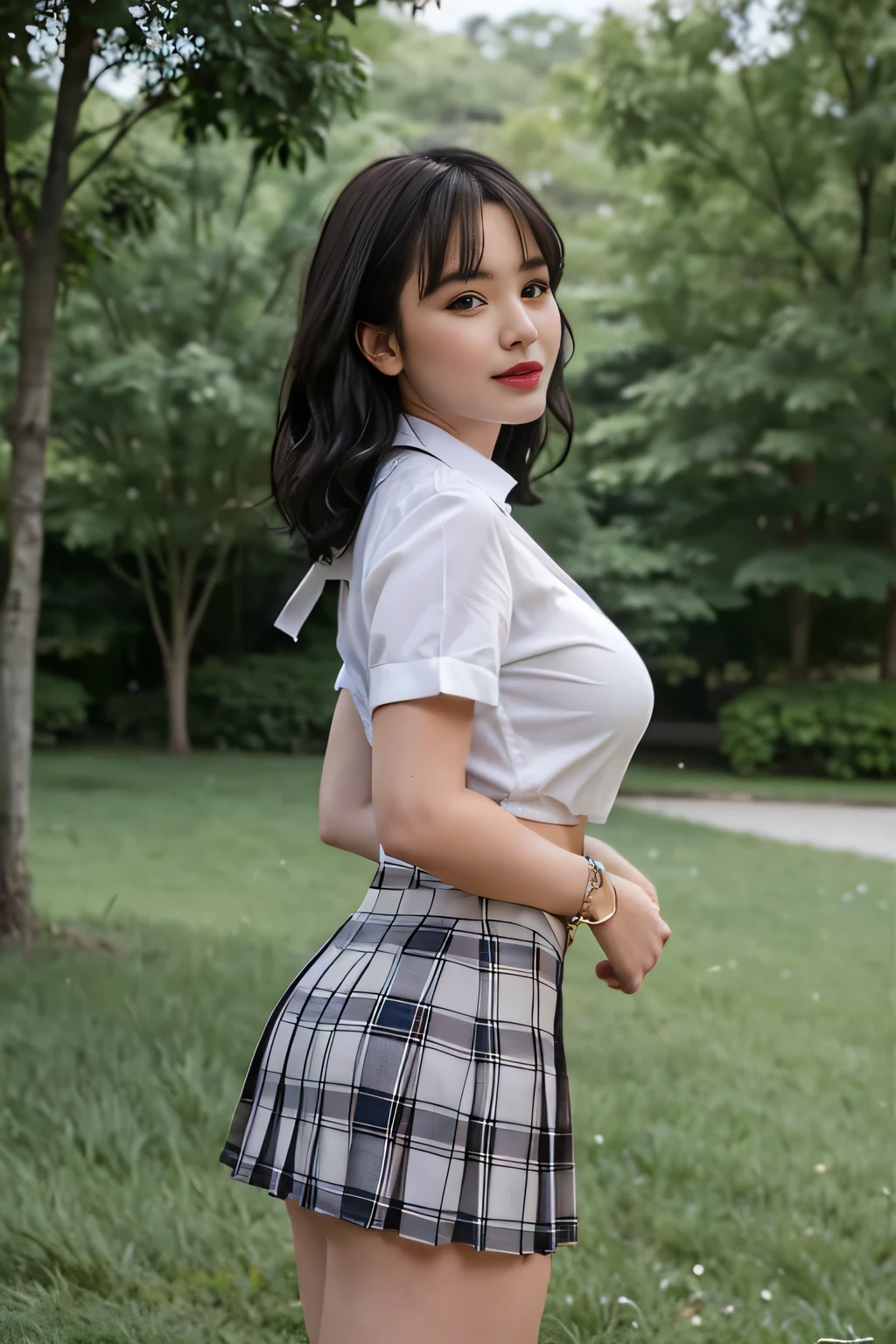 NSFW, 8K RAW photo, highest quality, masterpiece, ultra high resolution, film grain, movie, 1 girl, looking at the viewer, natural skin texture, Realistic eye and face details, full lips, lipstick, (compensate), red eyeshadow, Fluffy shorthair, messy hair, smile, close your mouth, beautiful foot, tall woman, skinny, slim_foot, alone, huge breasts, cleavage, pose with your butt facing yourself, super short skirt, teeth, shirt, beautiful natural location, Around the flower place, (detailed background), Plaid skirt, white shirt, huge breasts, cleavage, Show a little cleavage through the shirt, loafers, blurry background, blurry, holding, Plaid, short sleeve, JK ribbon on the neck, JK ribbon, brown hair, bracelet, water, bangs, school uniform, jewelry, parted lips, lips, From the side, pleated skirt, Depth of bounds written