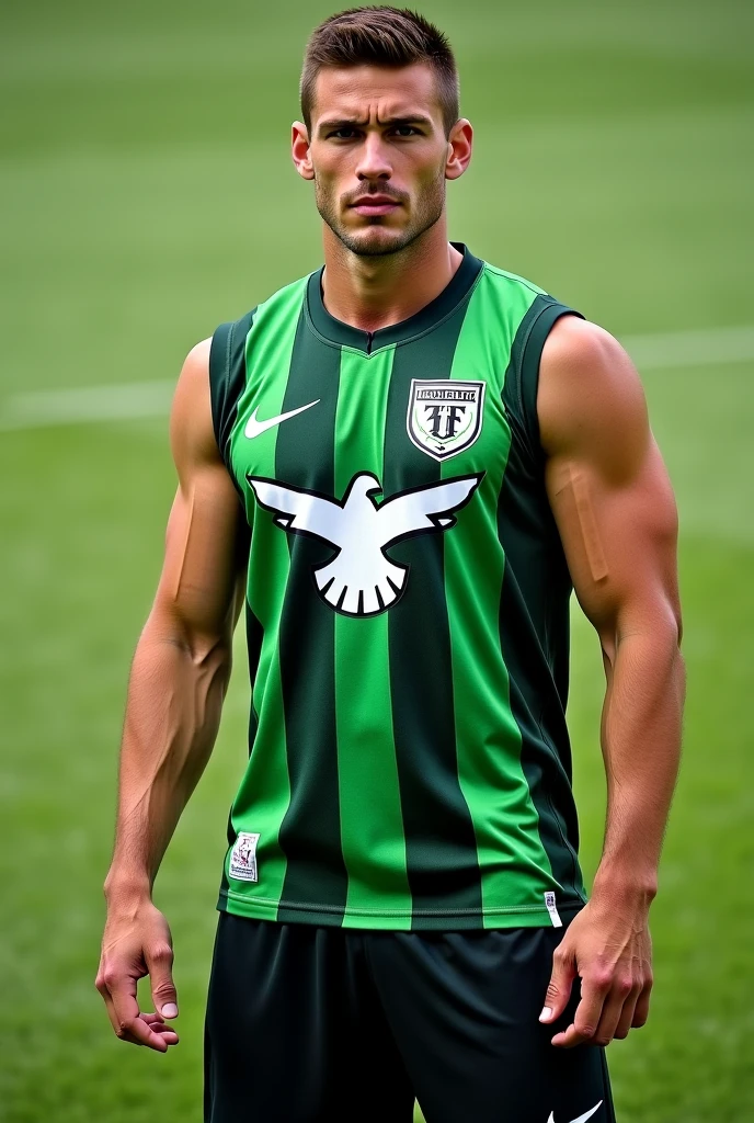 Young man, 22 years old, Latino, tall, green eyes, athletic blonde hair. muscular, sports dress. standing. realistic photo, 4k canon camera taken from the front