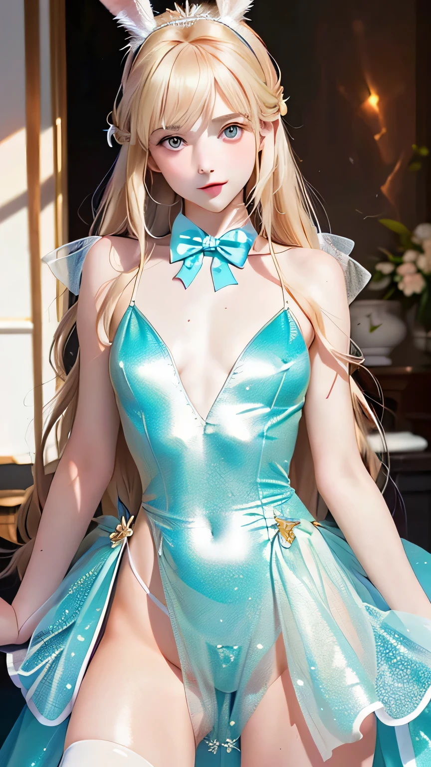 masterpiece, best quality, extremely detailed CG unity 8k wallpaper, (Upper Body head close-up shot of a beautiful little girl), , Elegant Long straight blonde hair, (Mckenna Grace), (flat chest,thighs), (pink-Cyan) golden (Glittering tutu,long Bunny Ear Headgear, , Bow-tie, No panties, genitals visible), (spread legs), (Blush), oil skin, (seductive smile), (Wonderland), pretty face, key art, award winning, intricate detail realism hdr, by (ruan jia and artgerm and range murata), Photorealism, Hyperrealism, ultra realistic, dramatic light, intense shadows, gorgeous view, depth of field