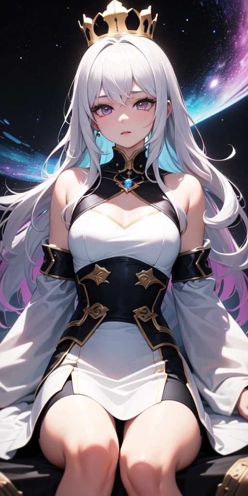 1girl, anime, cute girl, blank background, white background, fantasy, detailed dark fantasy dress with highlights, beautiful face, beautiful eyes, dark colors, silver hair, slightly small breasts, slight cleavage, beautiful skin, cute, breast curtains, extremely delicate and beautiful, (beautiful detailed face:1.0), (detailed deep eyes), symmetrical breasts, deep eyes, shiny skin, portrait, slender waist, hips wider than shoulders, thighs, young girl, expressionless, luminous eyes