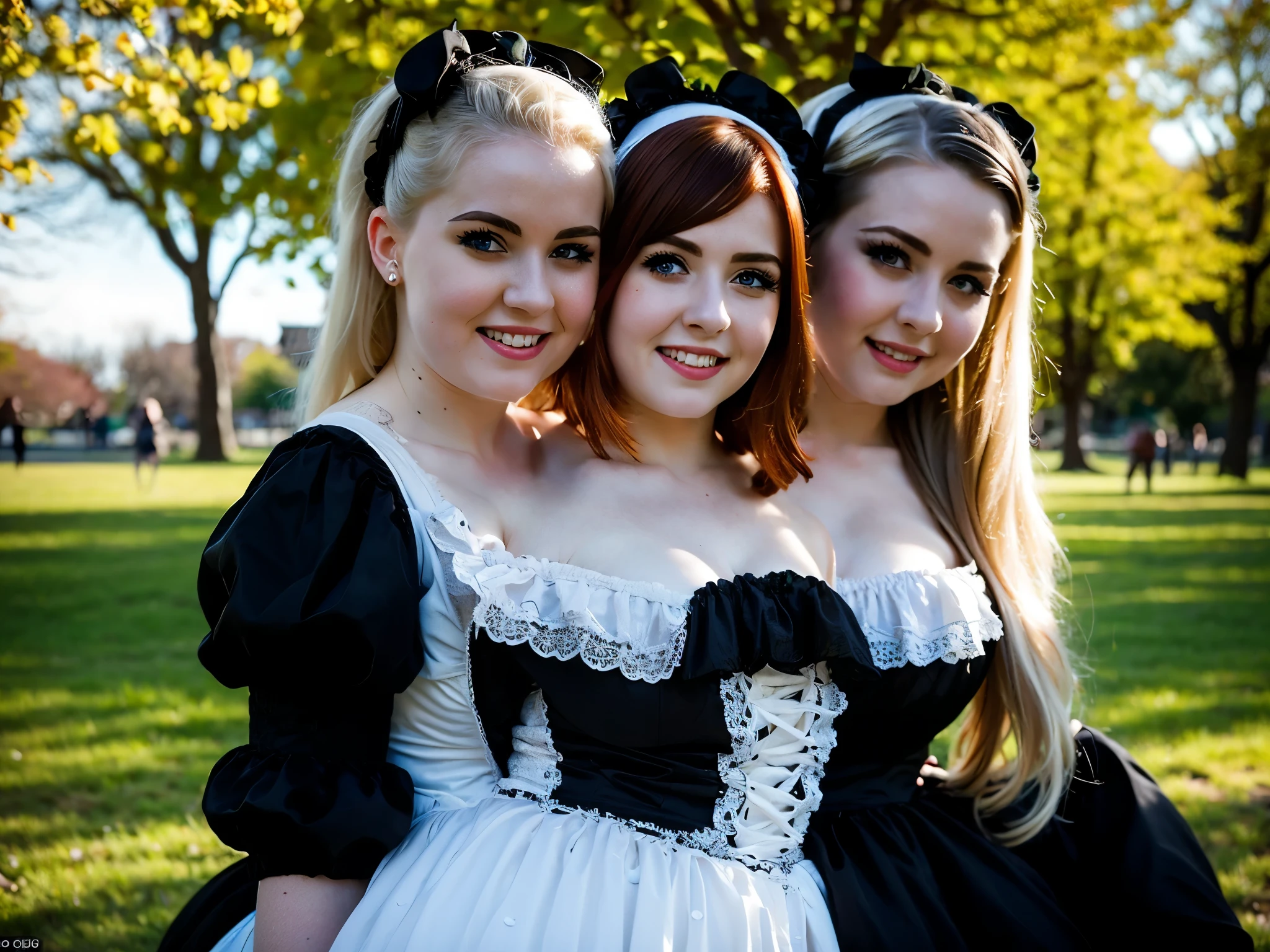 (best quality, masterpiece, highres:1.2), detailed, Preparations for the tea party, three ladies with bog in Maid Outfits, working busily but gracefully,