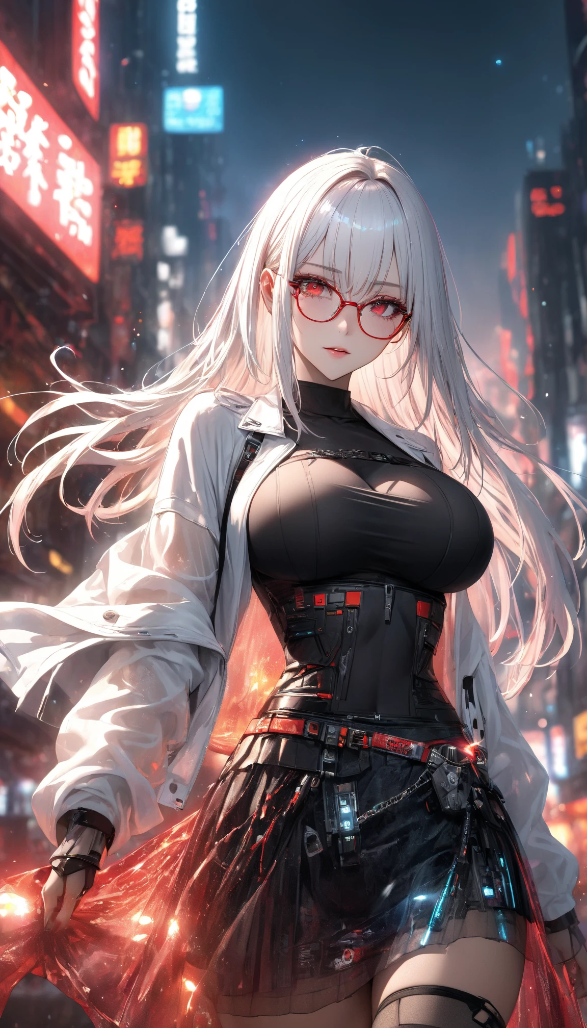 Cinema Lighting、highest quality,Cyberpunk World、1 female、(27 year old beautiful woman、Beautifully detailed facial features and hair、Shoulder-length hair）（smile:1.4)（Beautiful crimson eyes）break（Dark design glasses:1.5）,Medium Hair、（Silver Hair、Shiny Hair:1.5）break（Shapely large breasts、Cleavage:1.4）（Stylish and sexy modern innerwear、White Cybercoat:1.2）Silver hair color、break（眩しいmorning陽、morning:1.3）（Entrance to an enemy facility in the forest、Forest around:1.5）